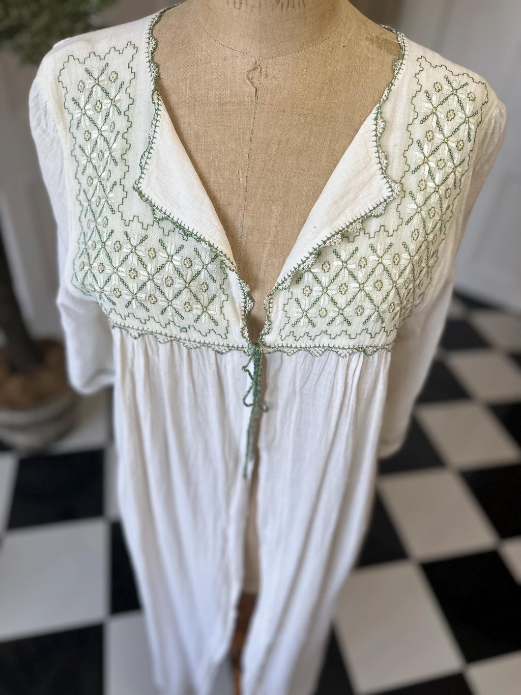 1970s Long hand loomed muslin cotton  gown with hand embroidered kimono