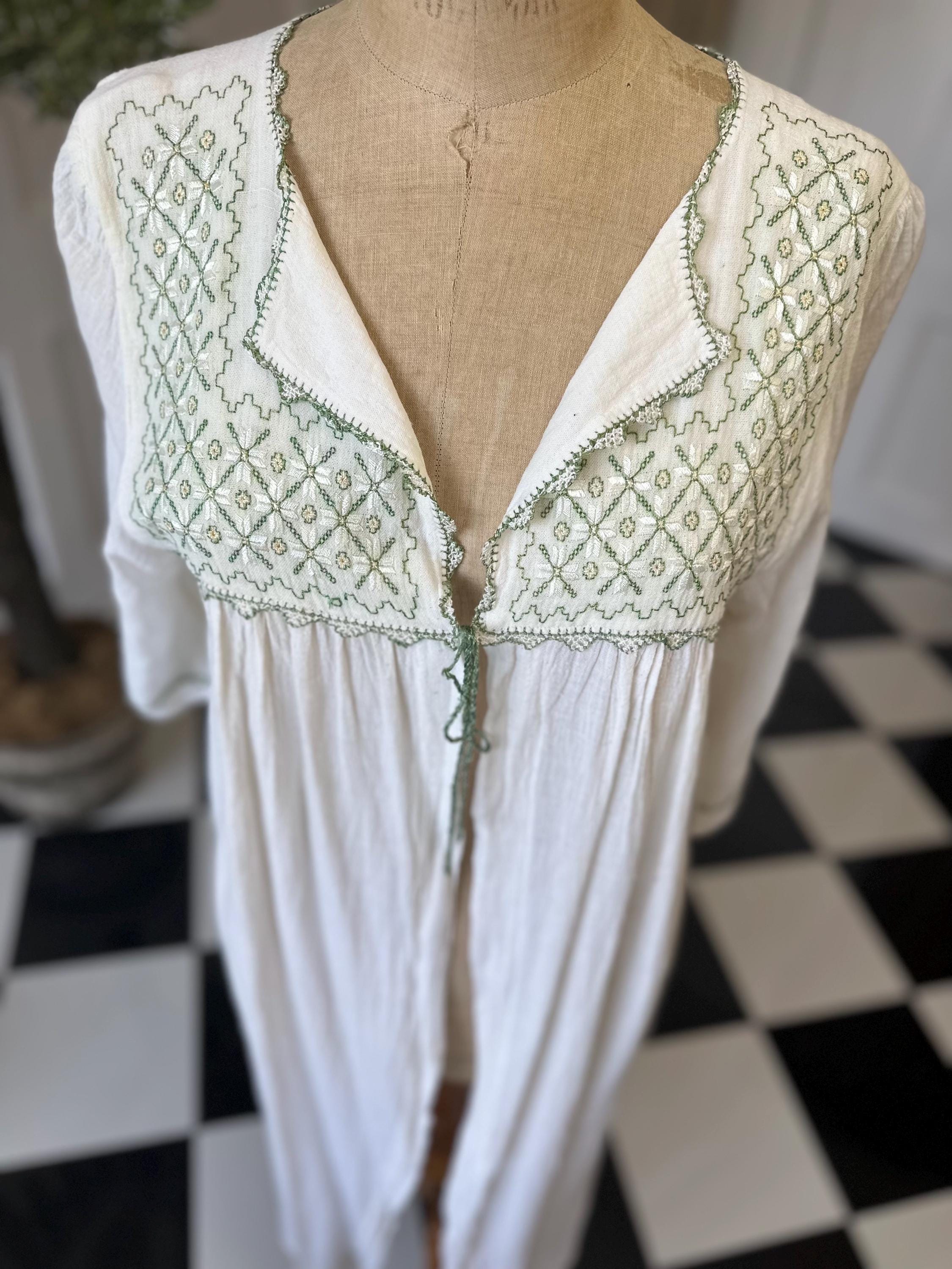 1970s Long hand loomed muslin cotton  gown with hand embroidered kimono