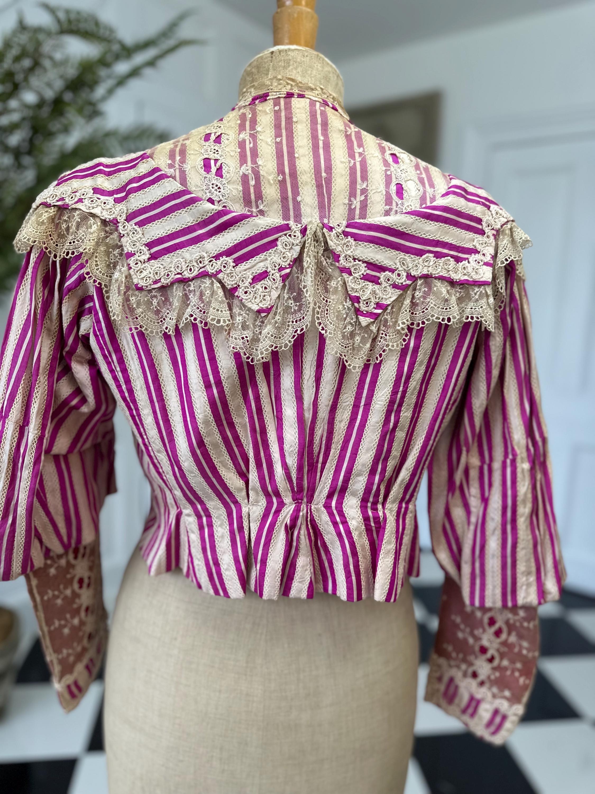 Edwardian Hot Pink Striped Silk Bodice with Lace