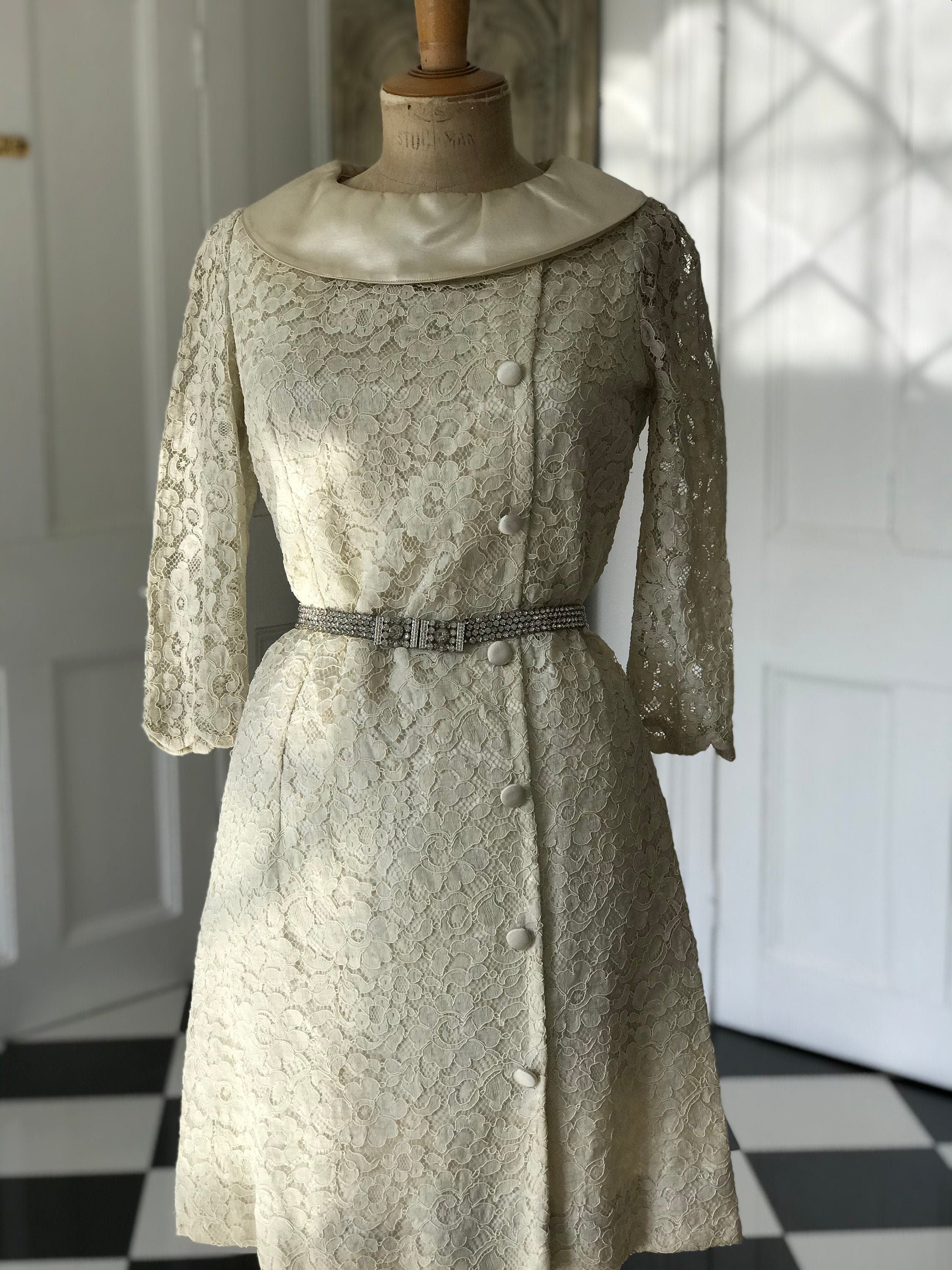 1960s silk satin and corded lace wedding dress  cocktail  dress