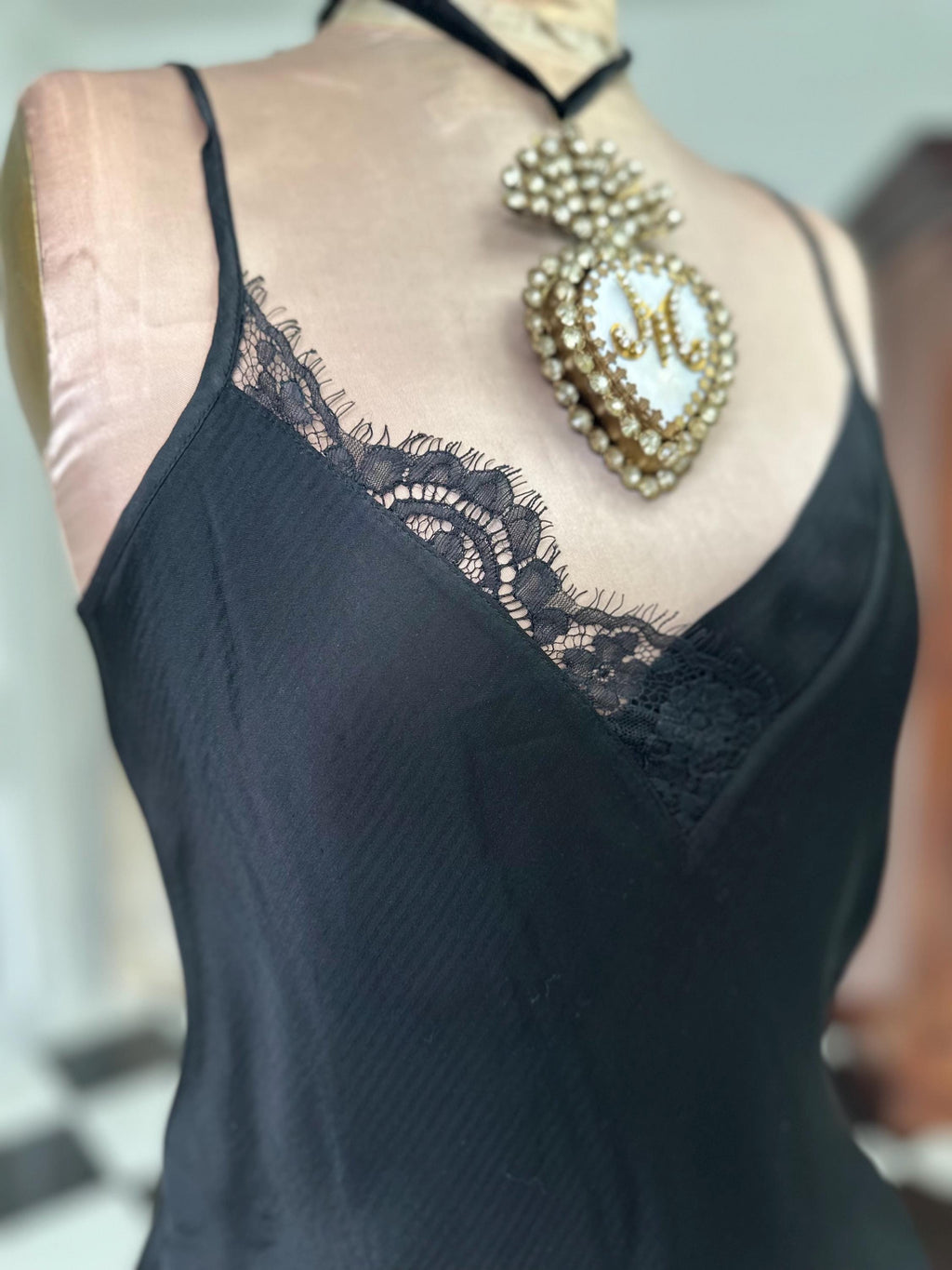 Vintage style Pierre Cardin  black silky camisole with lace details and matching top pants