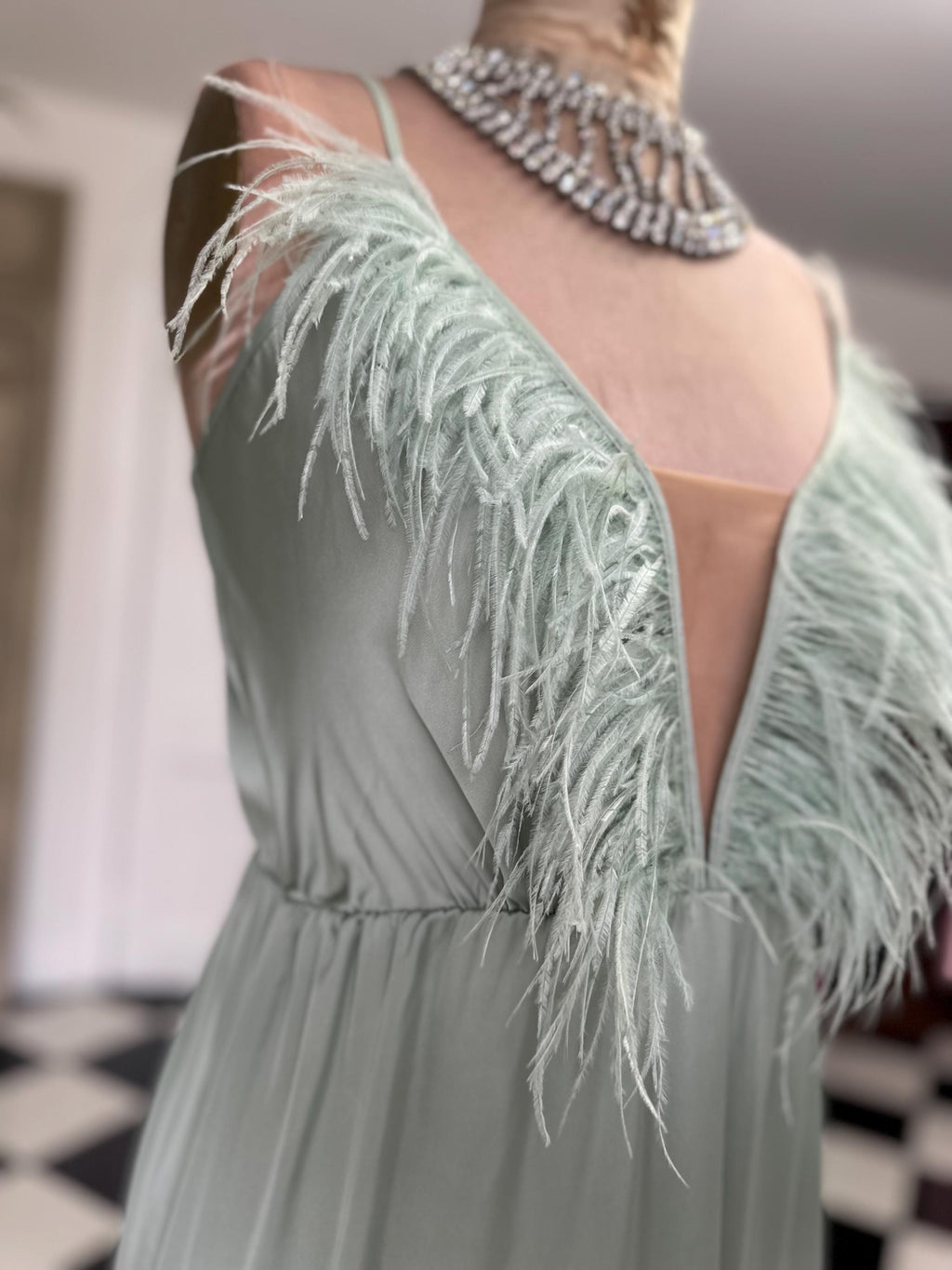 1930s style sage green  ostrich feather satin gown