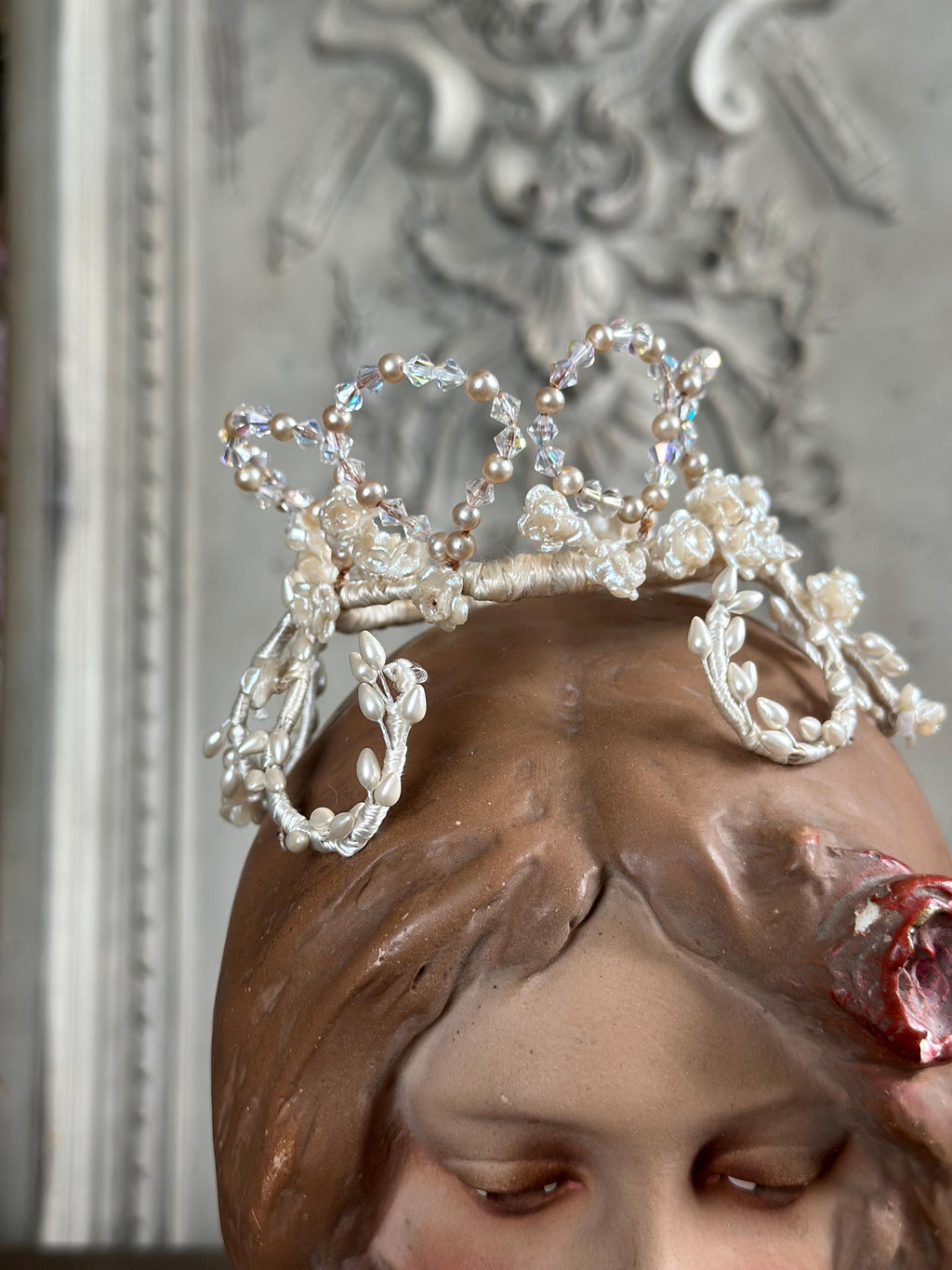 Charming Floral Wax Tiara with Crystal Accents 1930s 40s