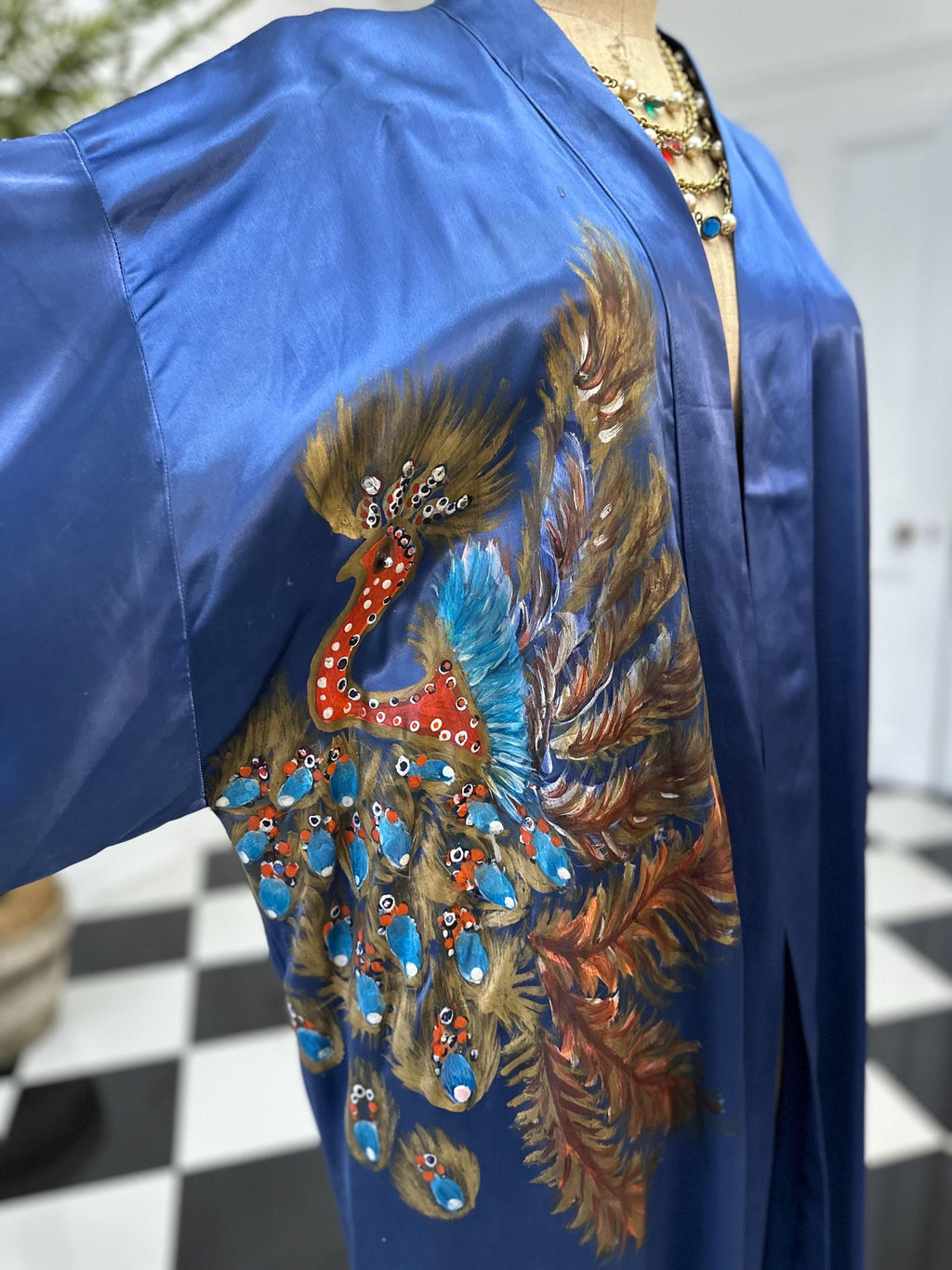 1970 Blue satin hand painted peacock design