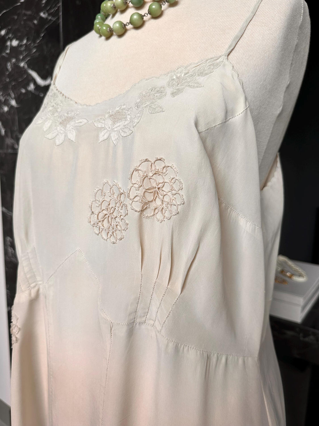 Large size. Antique 1930s cream Silk Slip – Authentic hand embroidery detail.