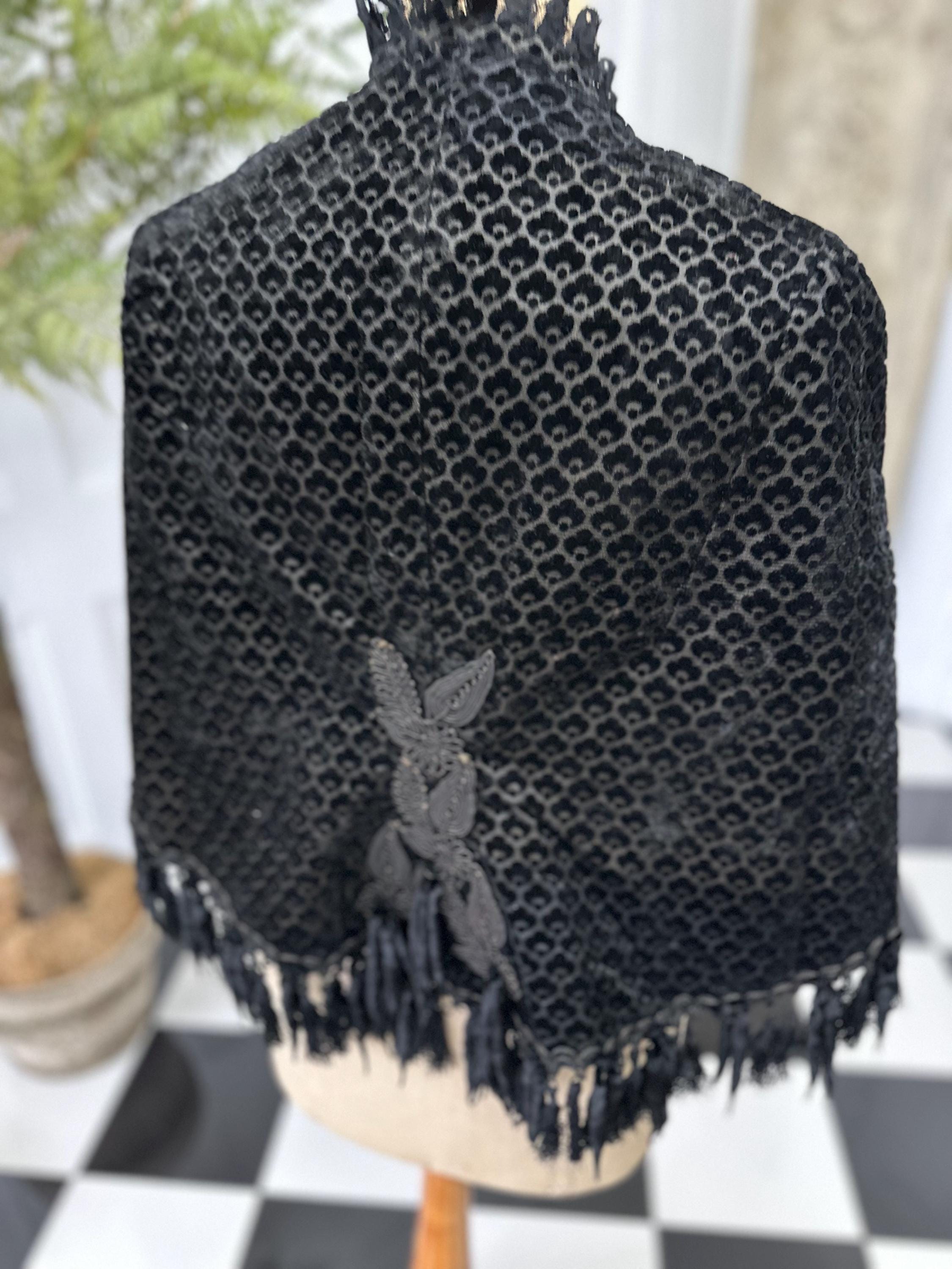 Exquisite 1860s Black Flock Velvet Dolman Cape