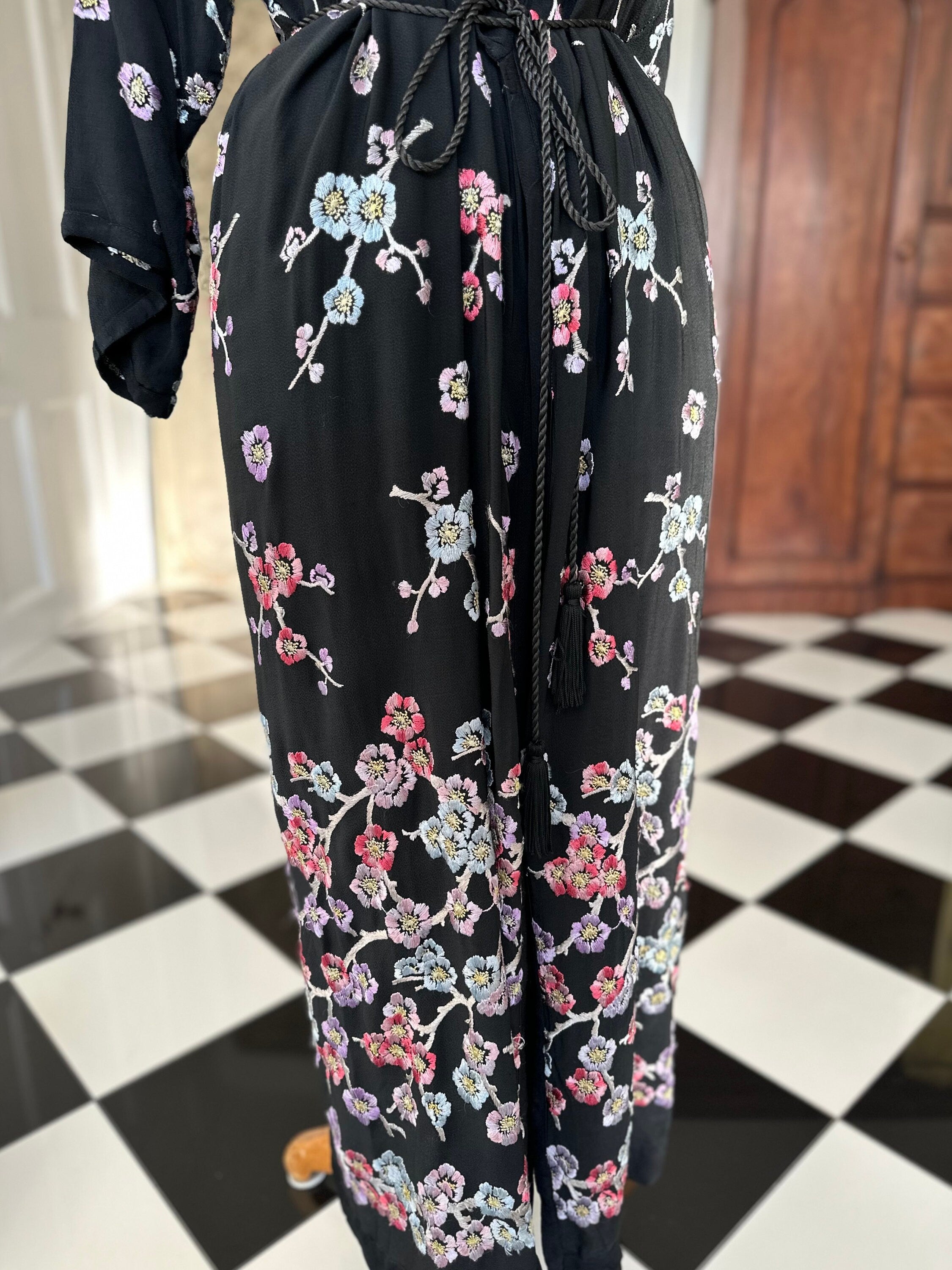 1930s black kimono with pastel colour silk flowers embroidery