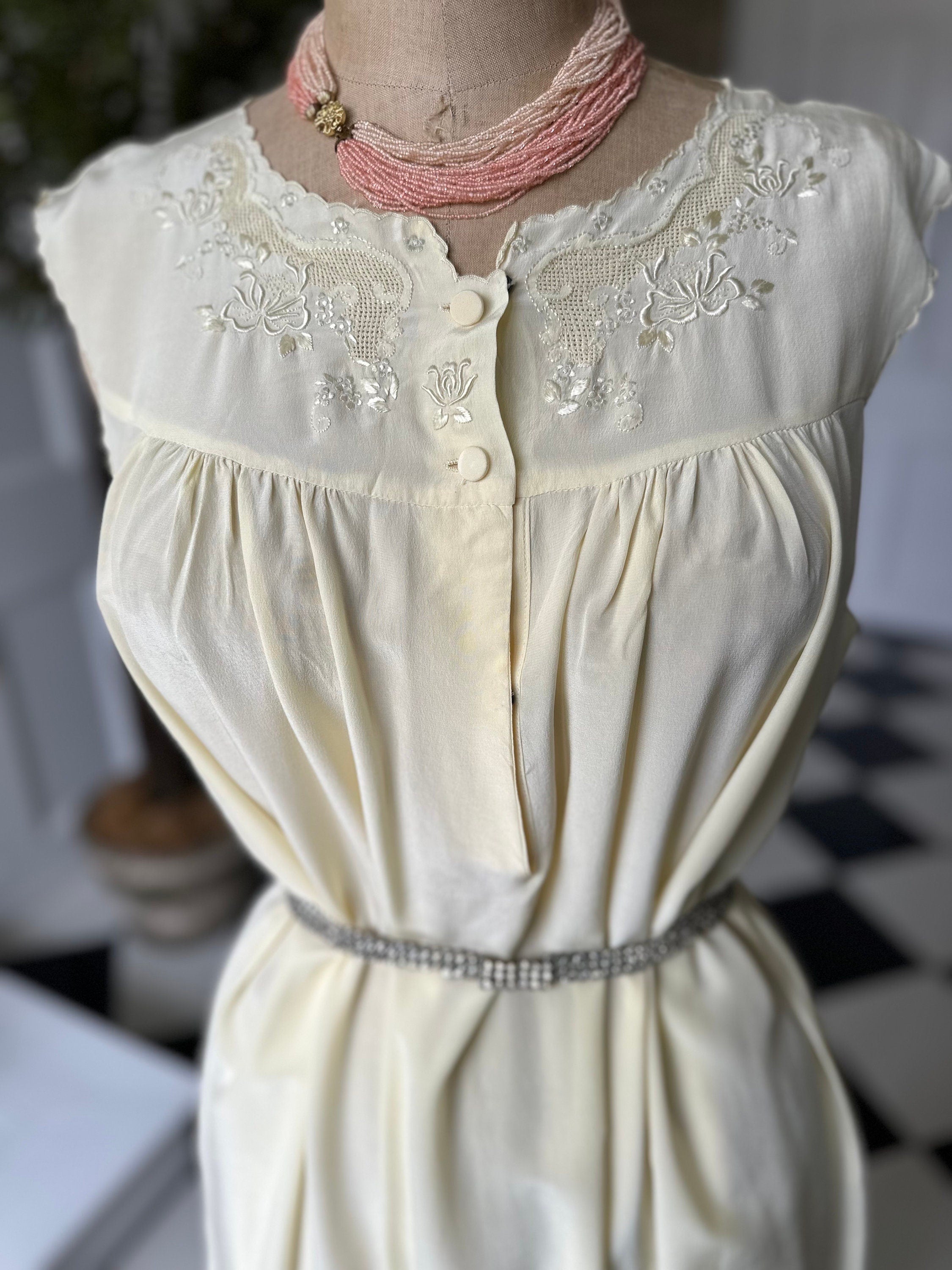 Vintage cream silk smock style long slip dress with hand embroidery