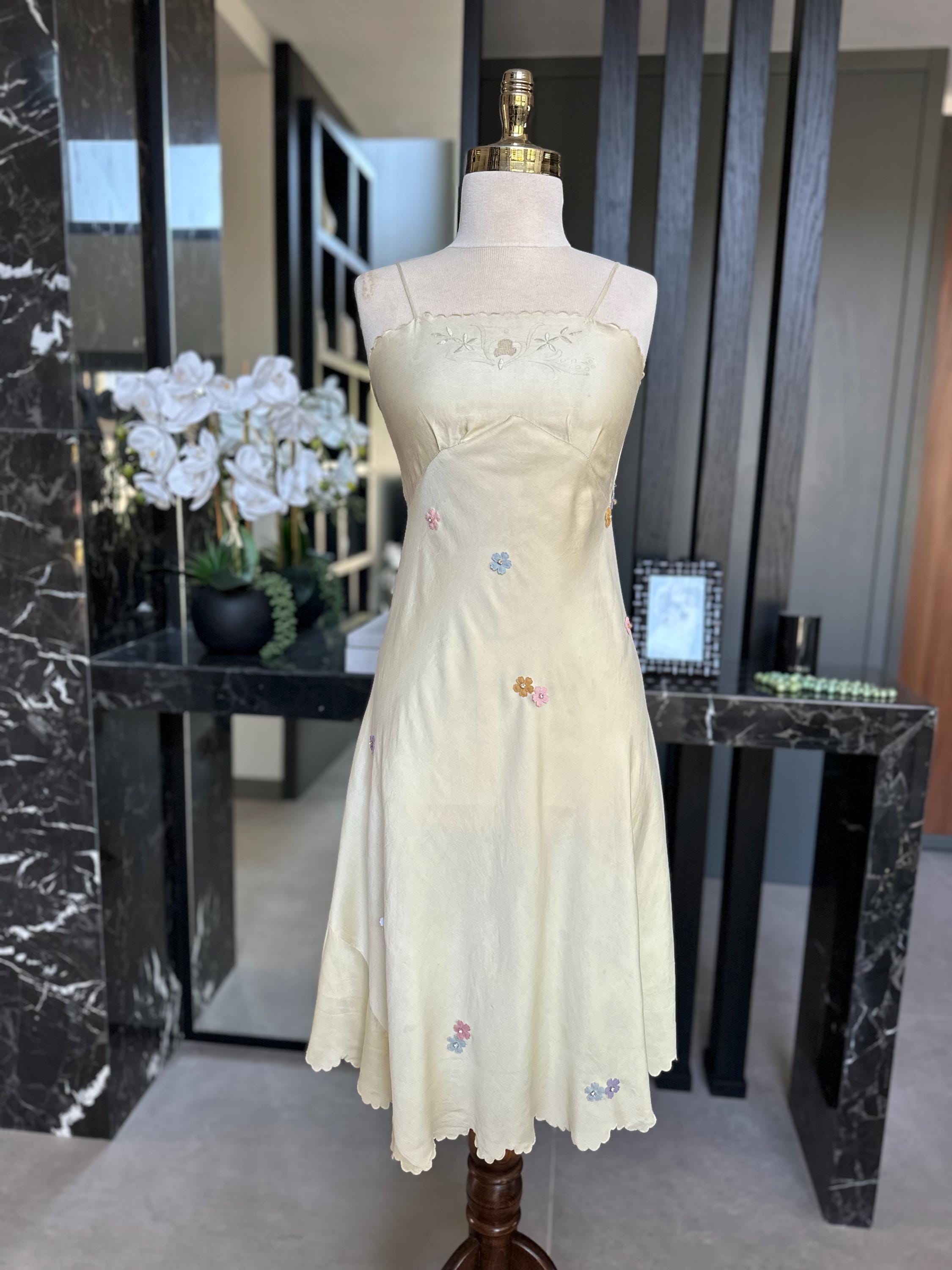 The Summer in Provence Silk Gown – Authentic 1940s Buttercream Silk with Florals applique