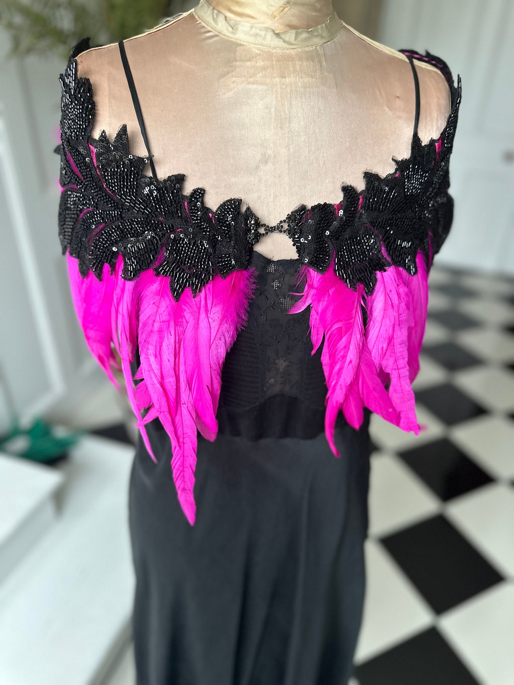 1930s vintage style hot pink cerise pink feather cape  with black embellishment