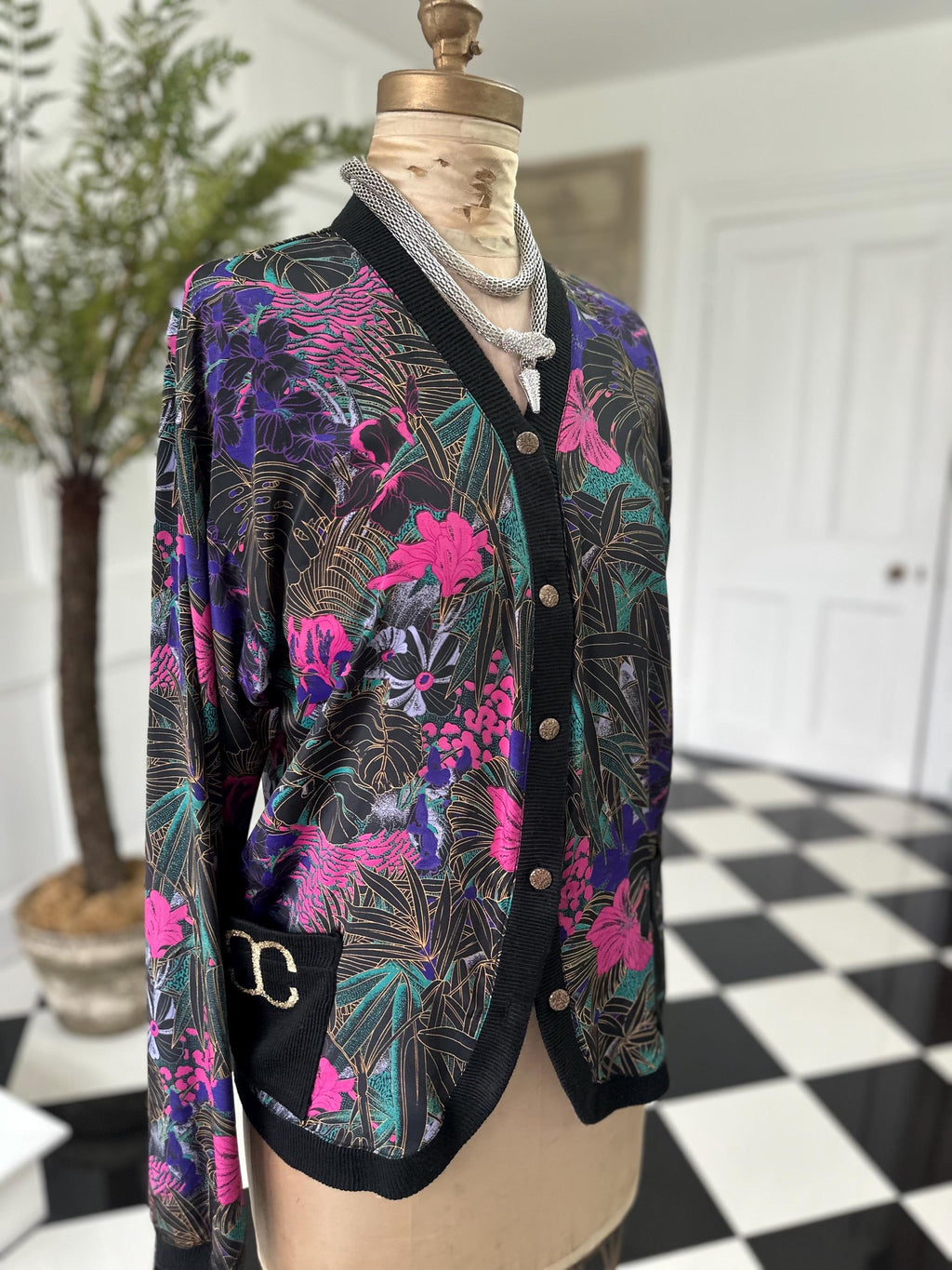 1980s Black Blouse Cardigan with Tropical Pattern