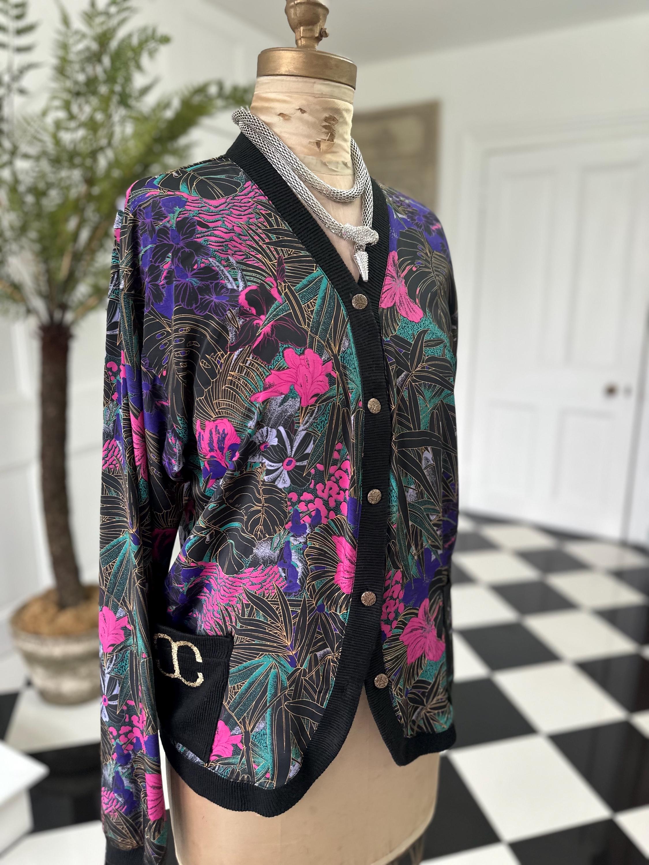 1980s Black Blouse Cardigan with Tropical Pattern