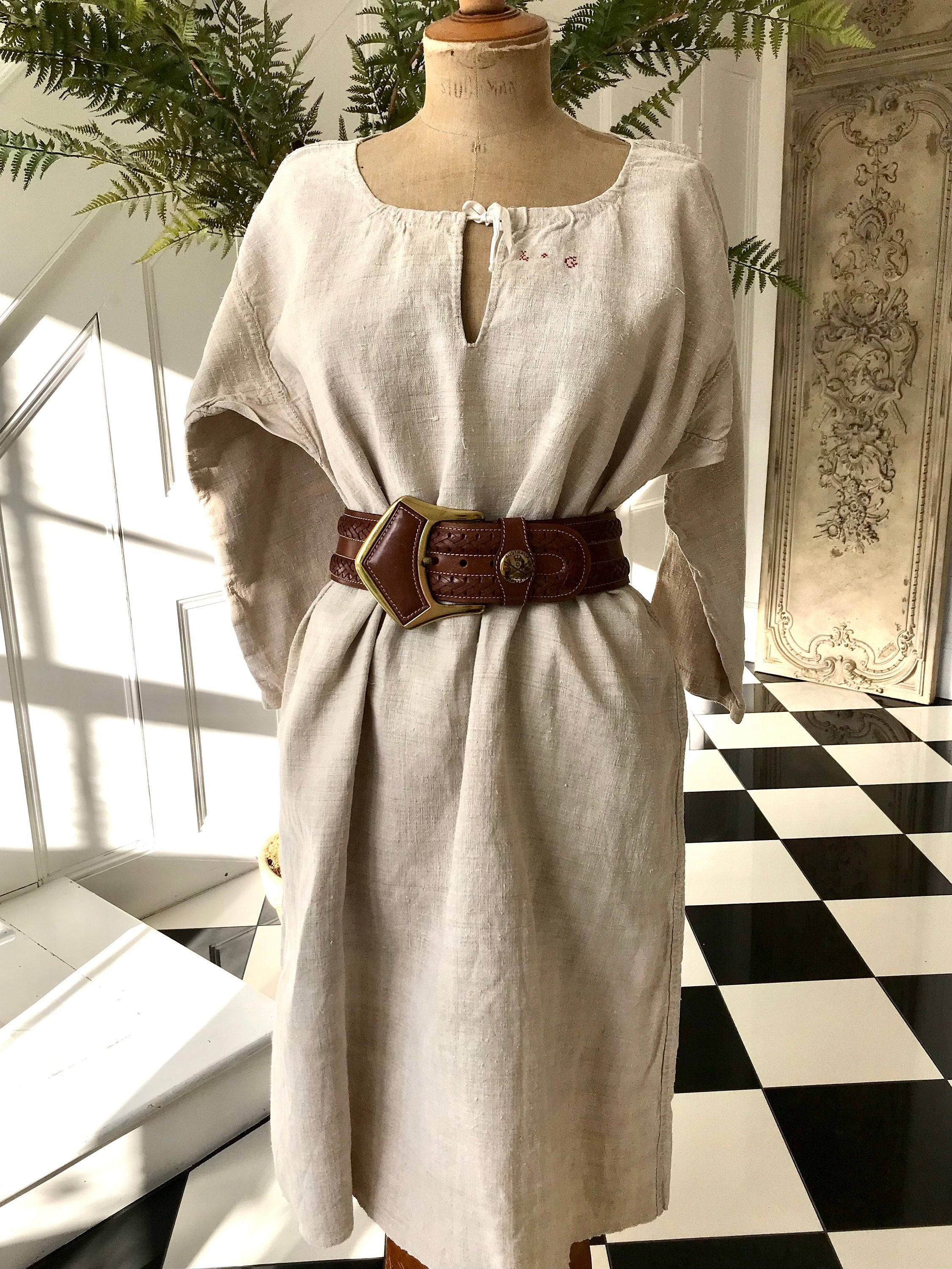 French 1800s hemp linen rustic farmers shirt smock dress