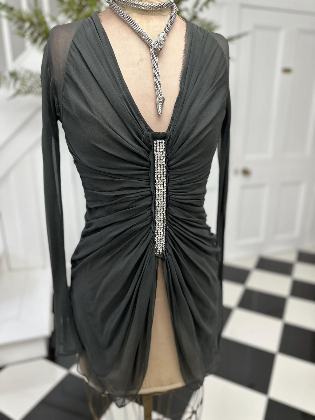 Vintage Dark Grey Silk Crepe Blouse Elegant Long Sleeve with Plunge Neckline