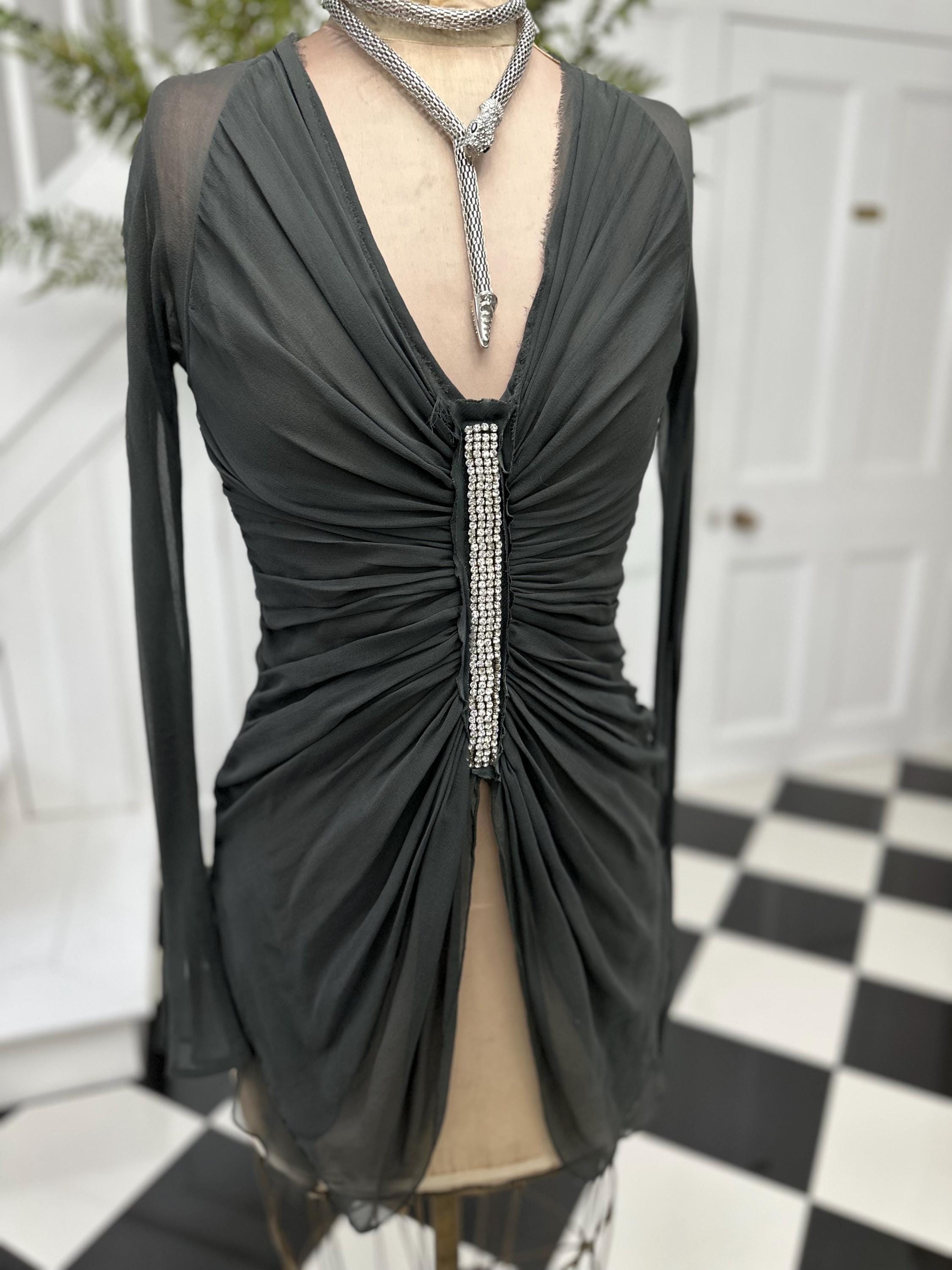 Vintage Dark Grey Silk Crepe Blouse Elegant Long Sleeve with Plunge Neckline