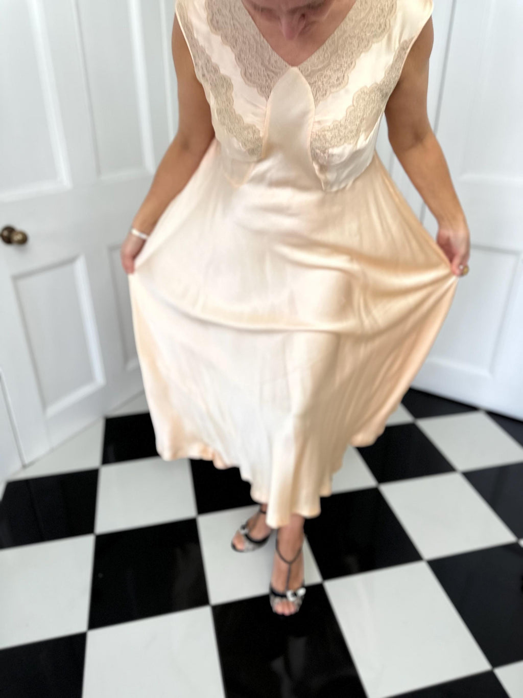 1930s silk and lace long slip dress in peach