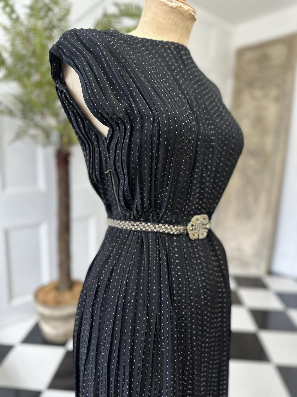 1940s Black with gold thread accordion pleat dress