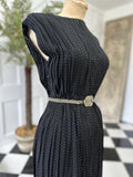 1940s Black with gold thread accordion pleat dress
