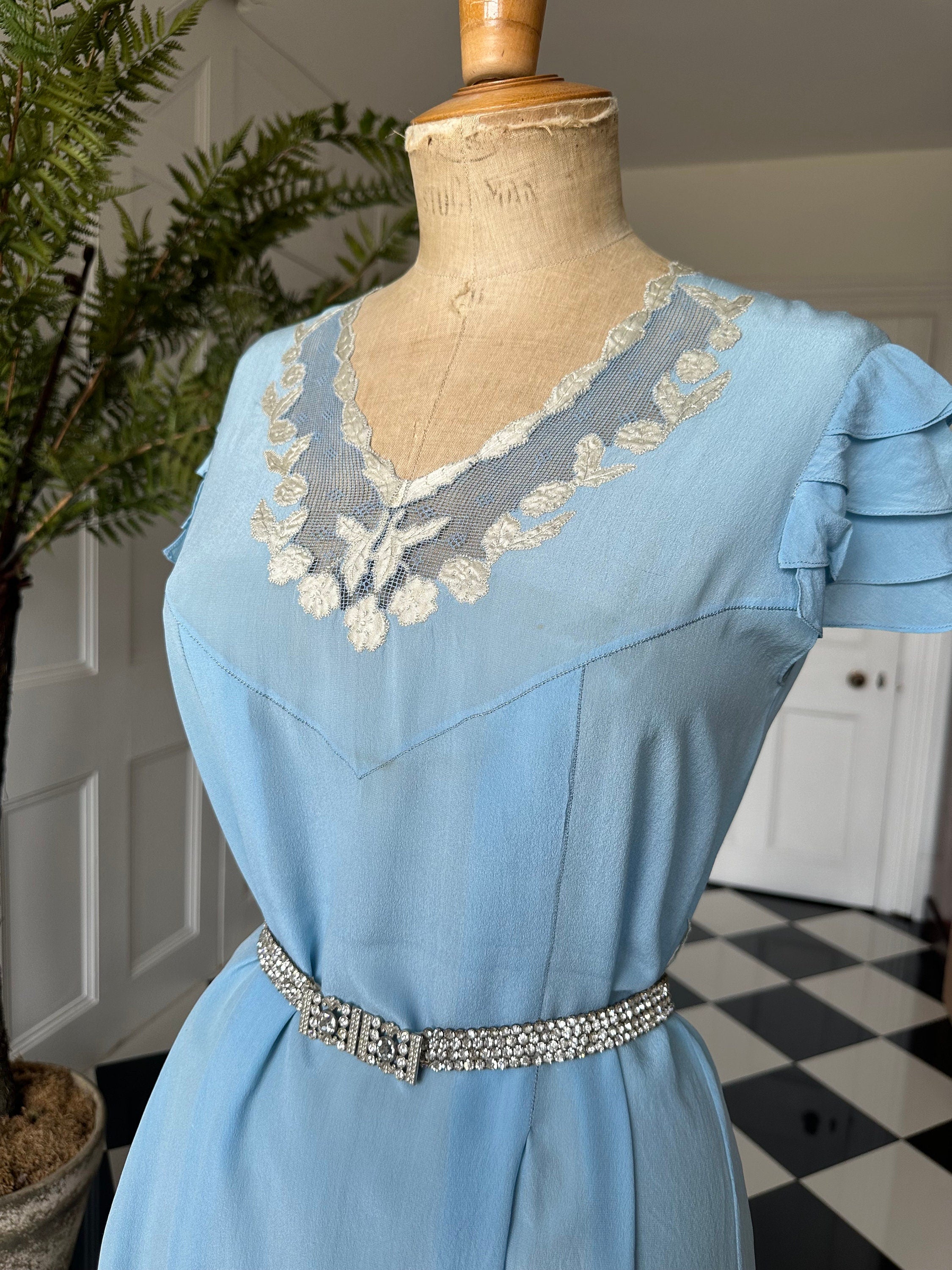 1940s pale blue silk long slip dress