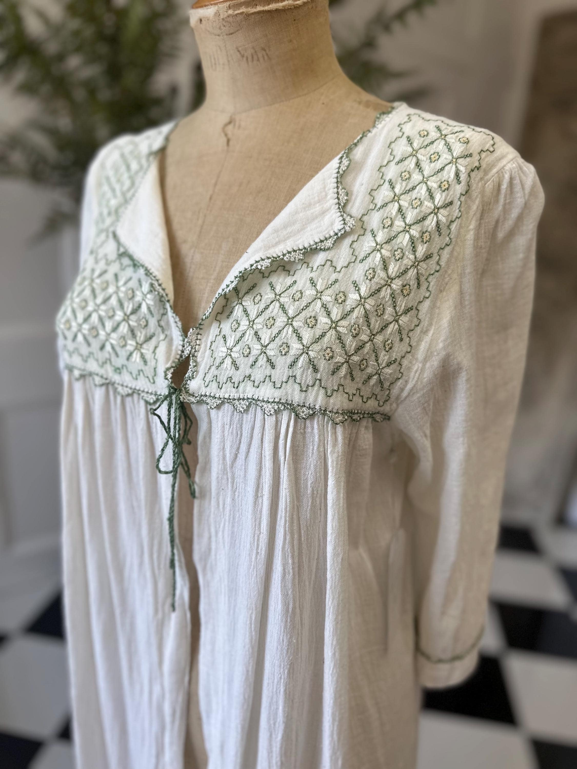 1970s Long hand loomed muslin cotton  gown with hand embroidered kimono