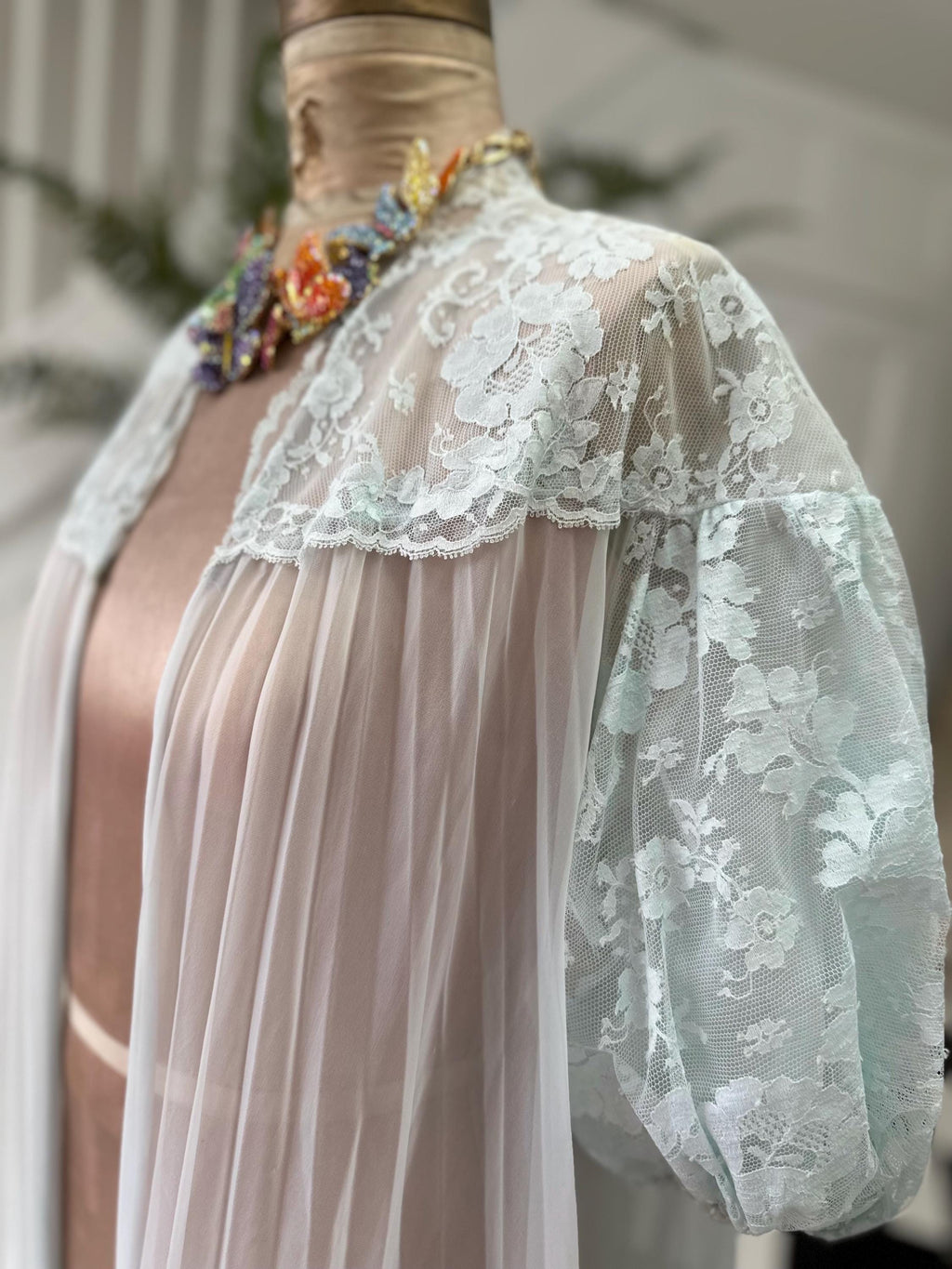 1970s Pale Blue Sheer Peignoir with Pleated Skirt and Lace Top