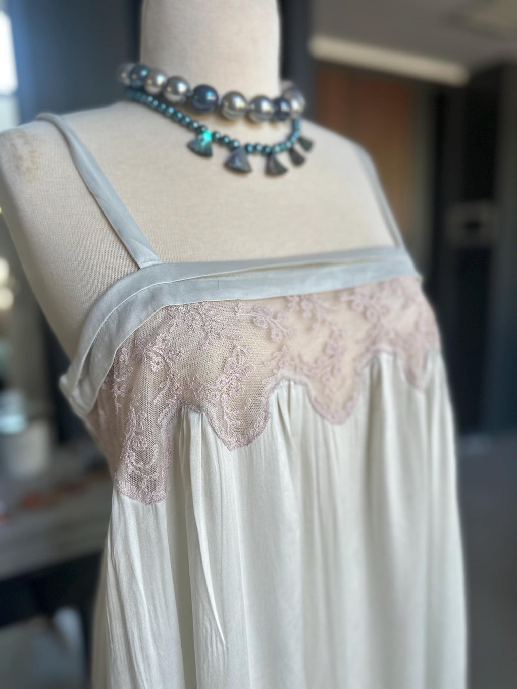 Vintage 1940s Grey Silk Slip Dress with lace Details