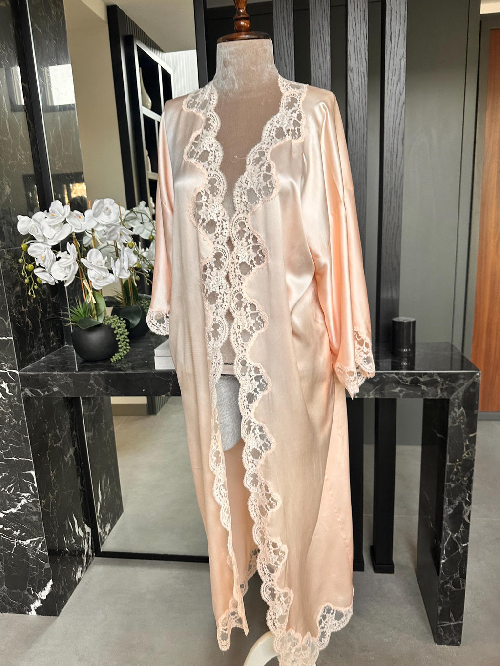 Pure Silk Lace Robe – Champagne Bridal Kimono, Embroidered Nightwear