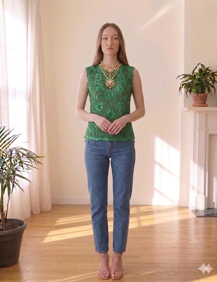 1960s Emerald green chiffon beaded blouse