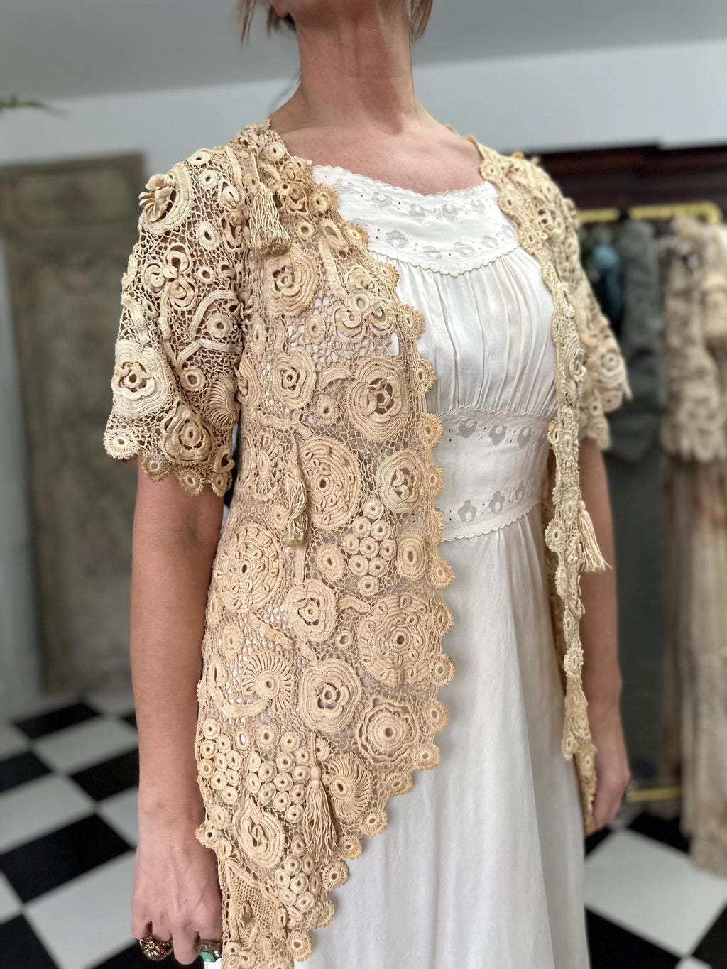 Vintage Irish Crochet Long Jacket Cardigan Intricate Handcrafted Beauty