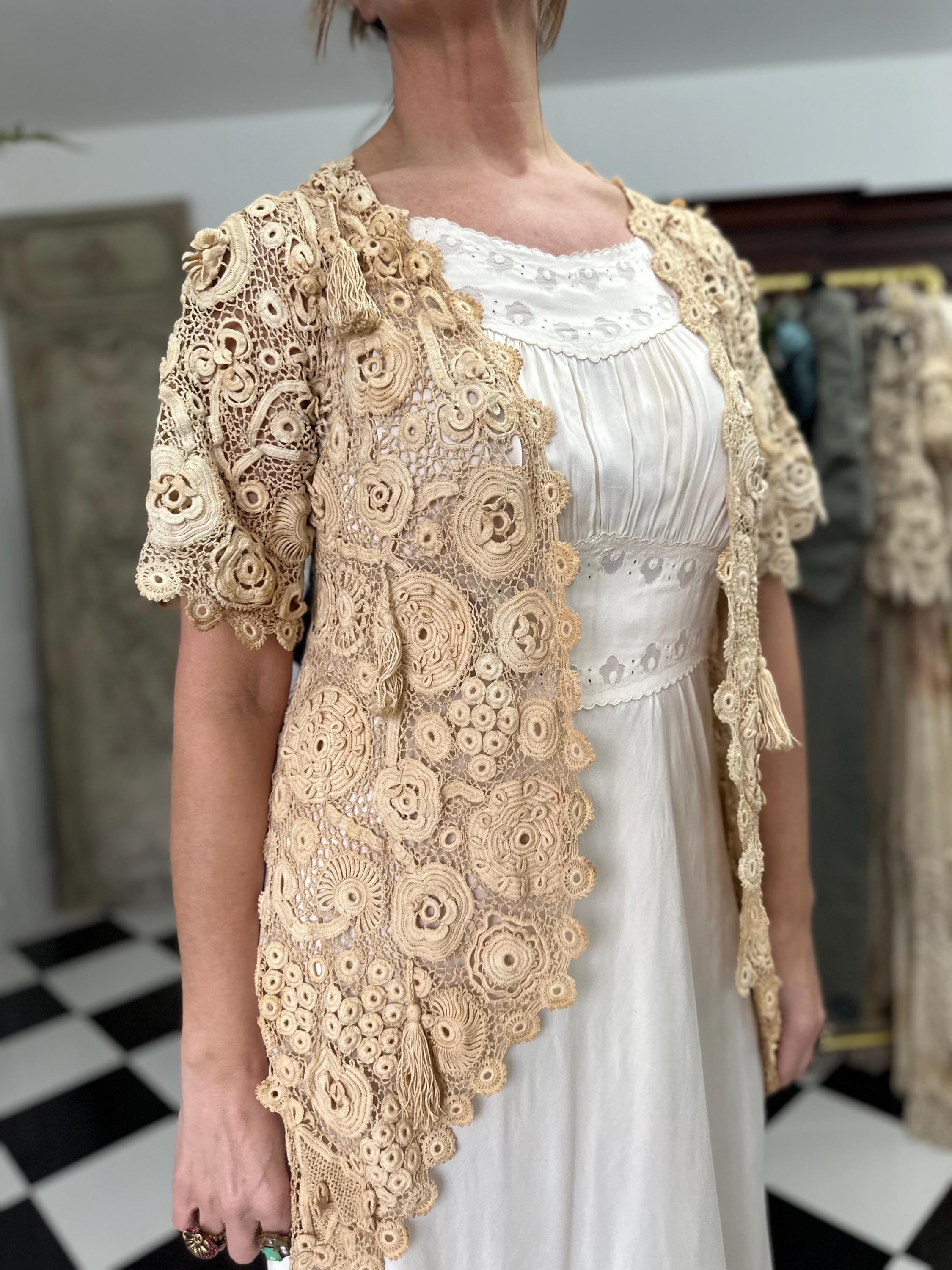 Vintage Irish Crochet Long Jacket Cardigan Intricate Handcrafted Beauty