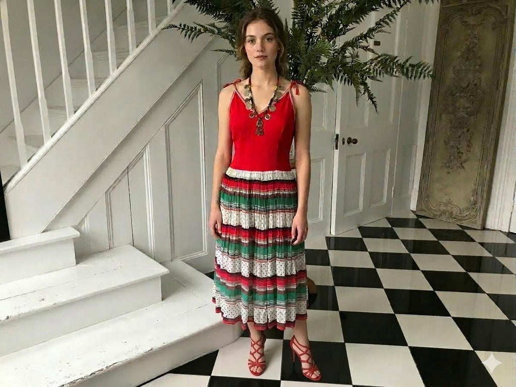 1970s string strap  multi colour summer dress with muslin skirt and jersey top