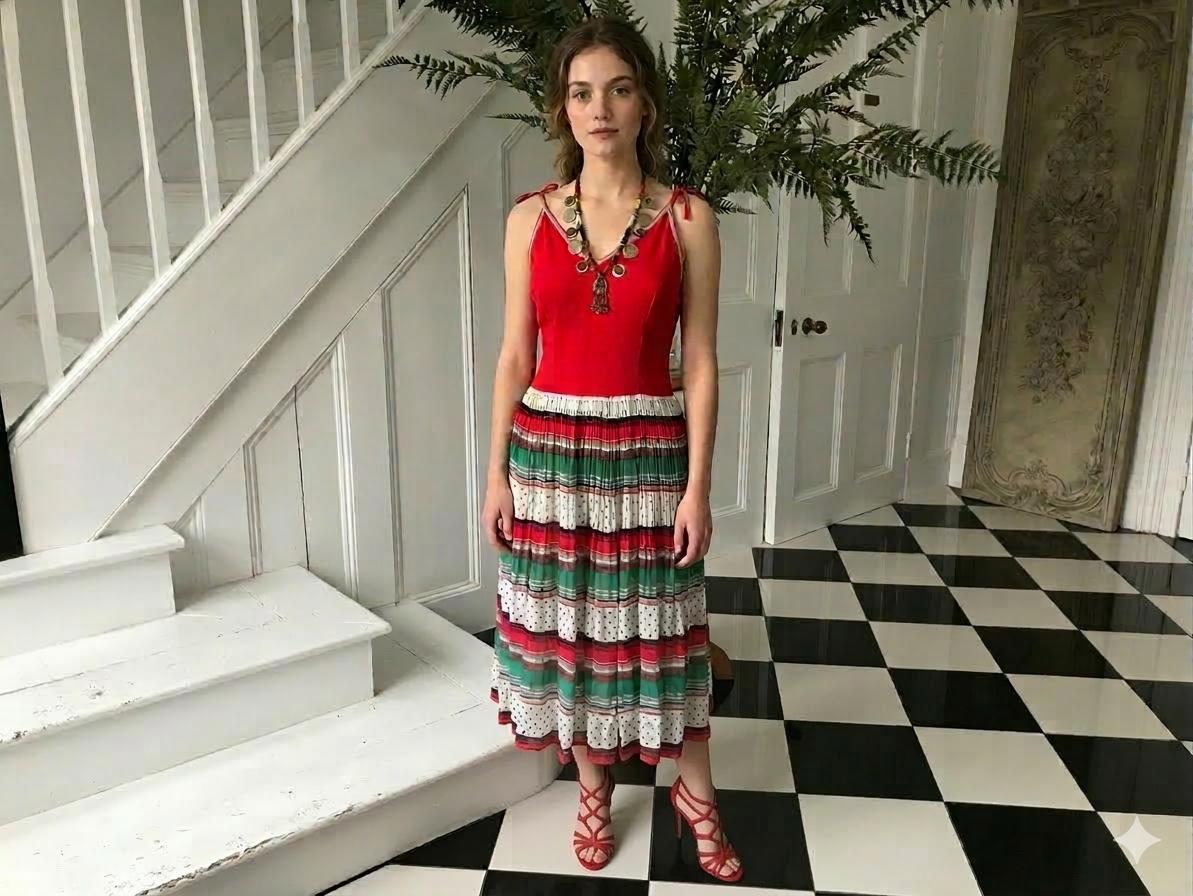 1970s string strap  multi colour summer dress with muslin skirt and jersey top