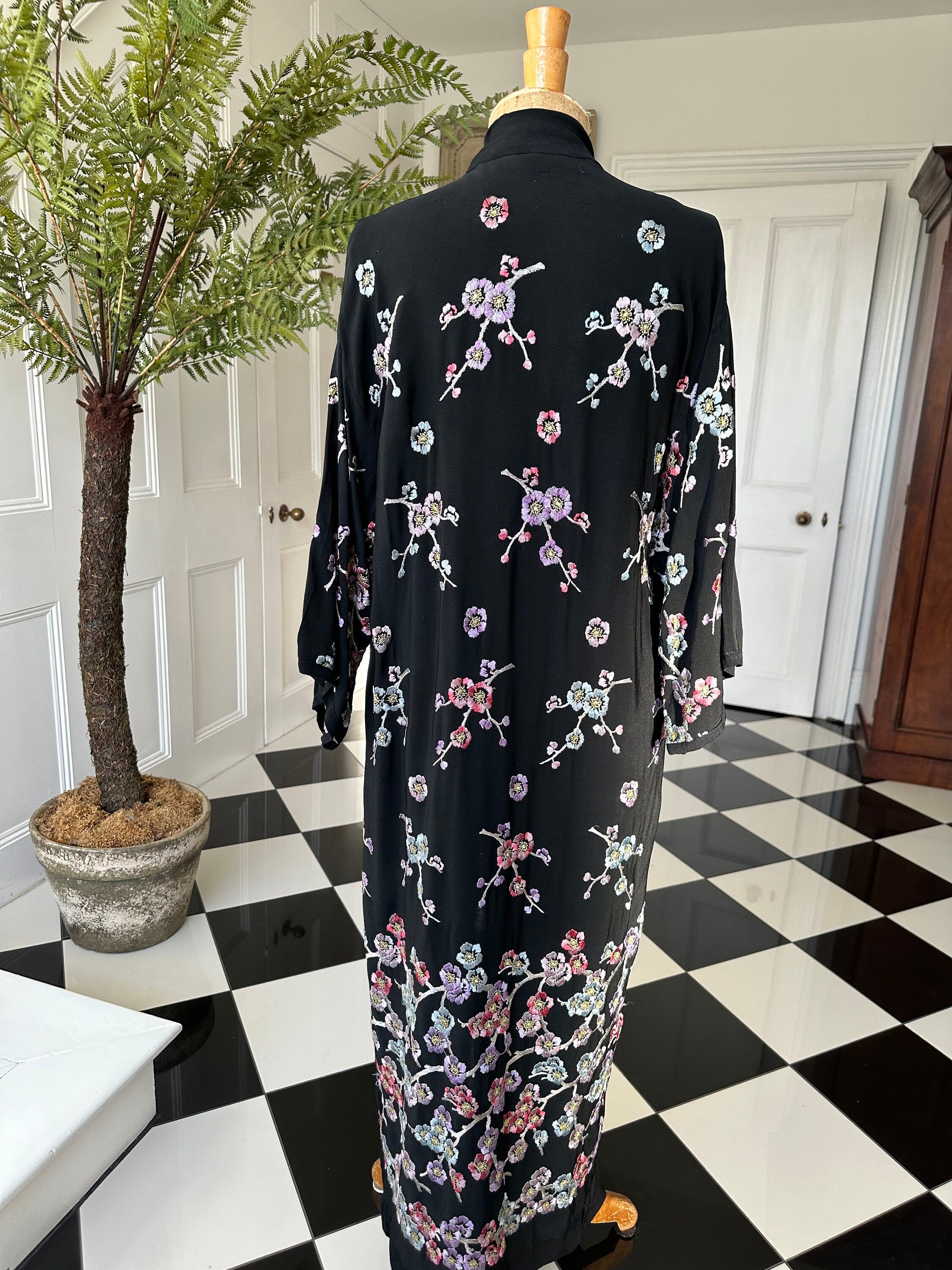 1930s black kimono with pastel colour silk flowers embroidery