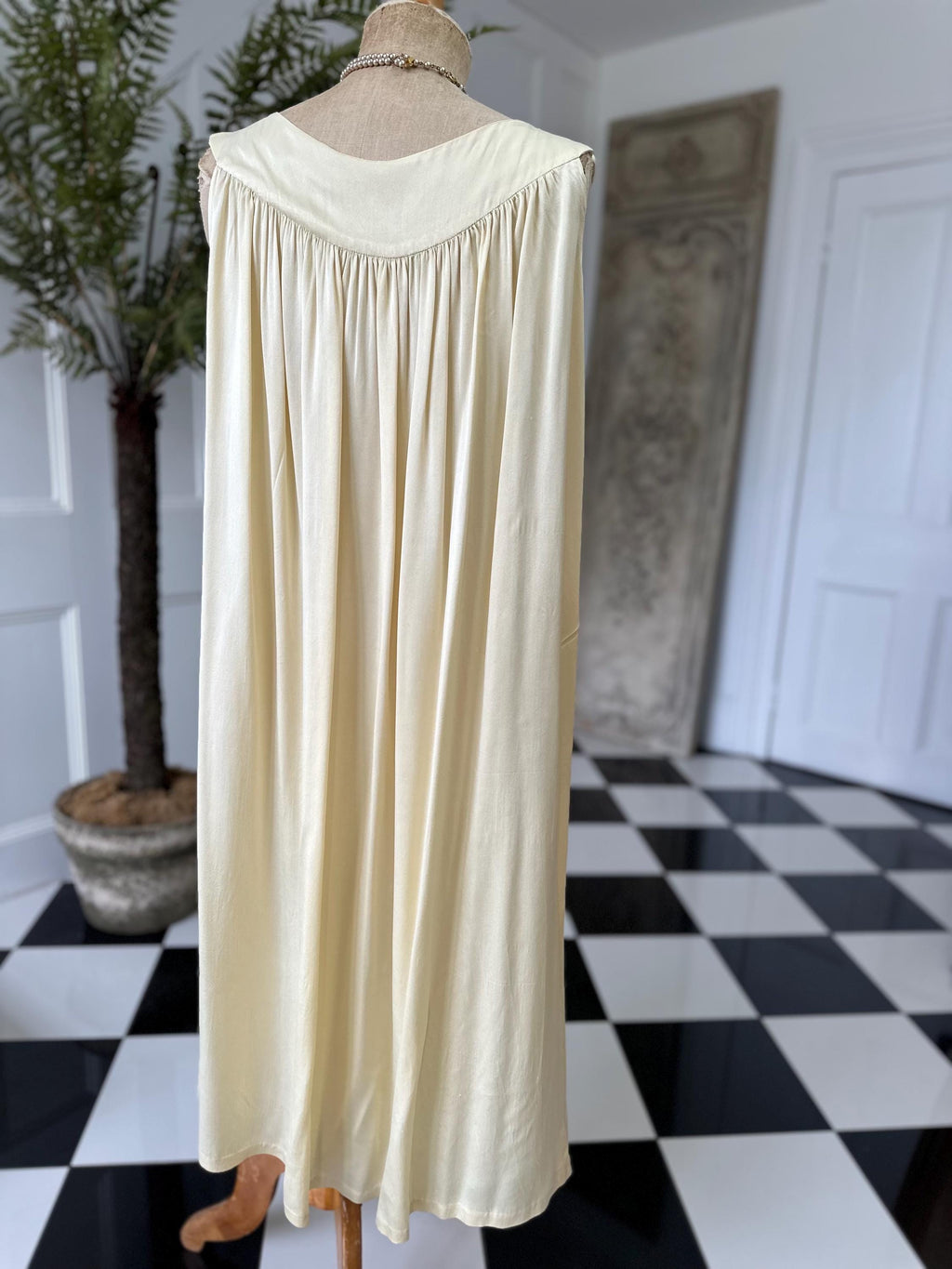 1940s boat neck  buttercup cream smock style silk slip with hand embroidery