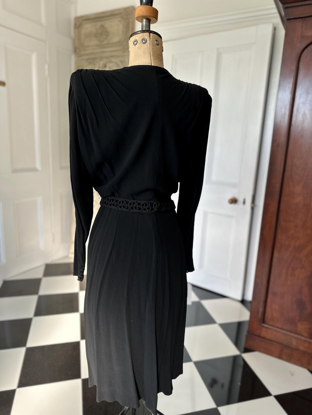 Chic 1940s Black Georgette Dress Embroidered Buttons and Matching Belt set