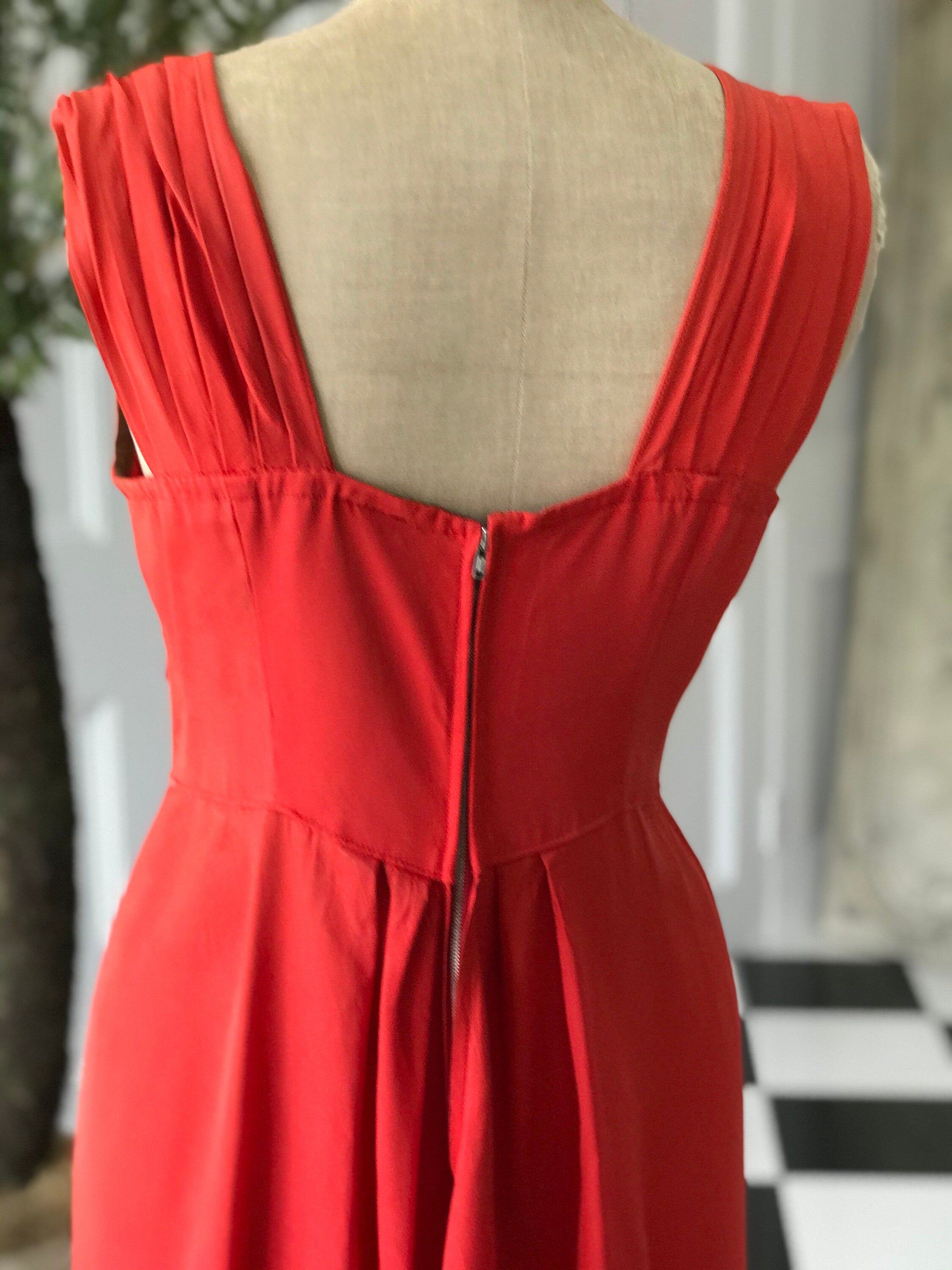 1940s Red Taffeta Evening Dress: Sequin Old Hollywood Gown (UK 12/14)