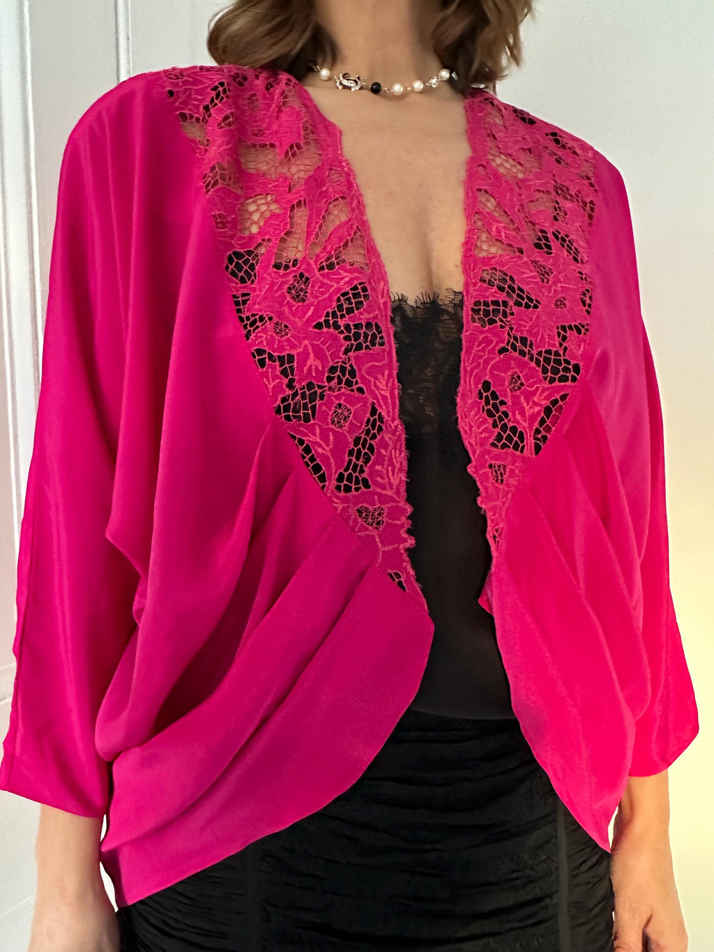 Vintage 1980s fuchsia lace trim bolero evening jacket