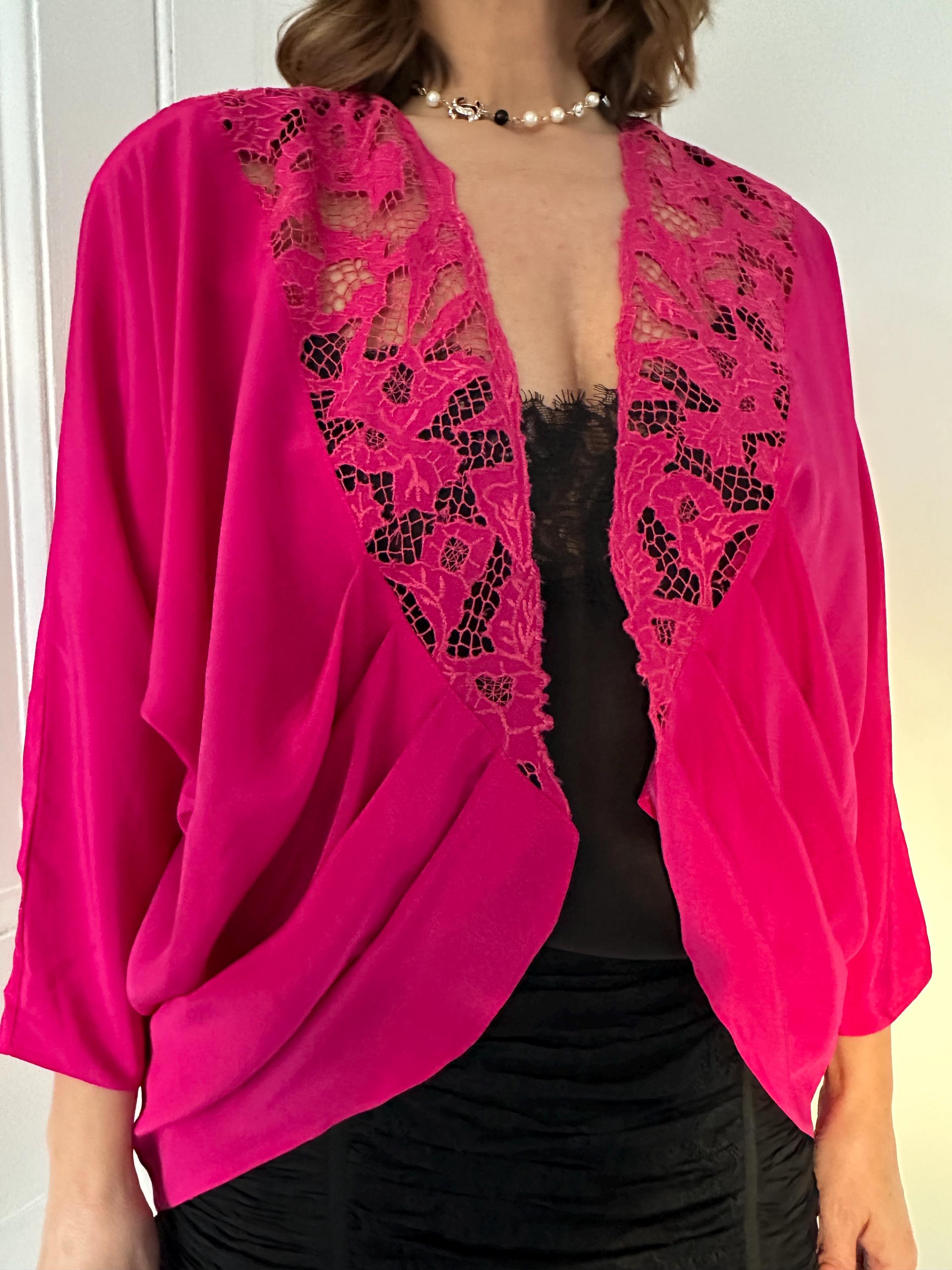 Vintage 1980s fuchsia lace trim bolero evening jacket