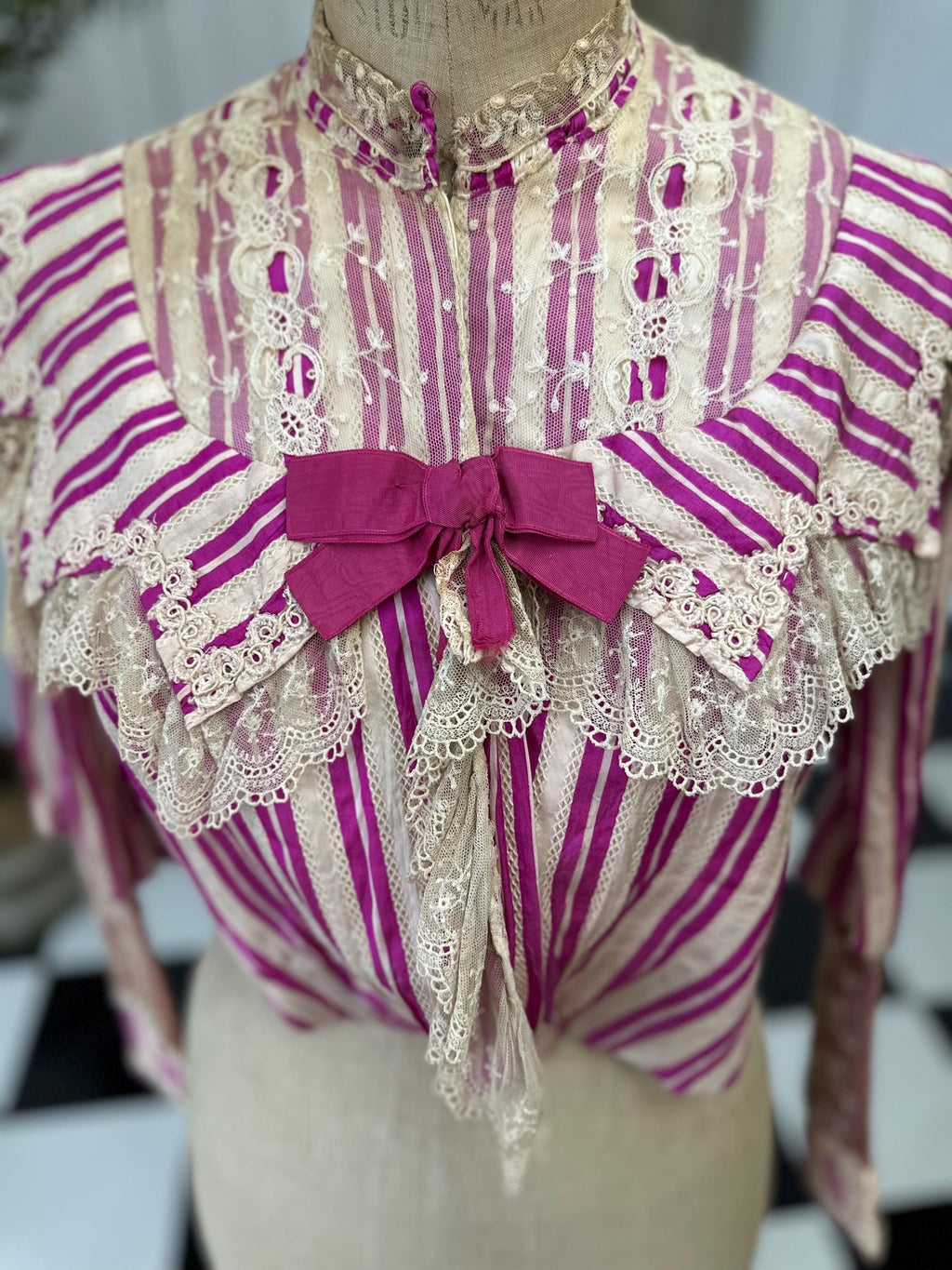Edwardian Hot Pink Striped Silk Bodice with Lace