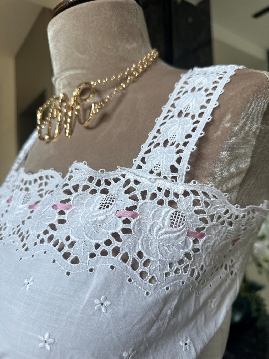 The "Petal & Lace" Archive Top – Rare 1930s Cotton Eyelet Camisole with Pink Silk Ribbon
