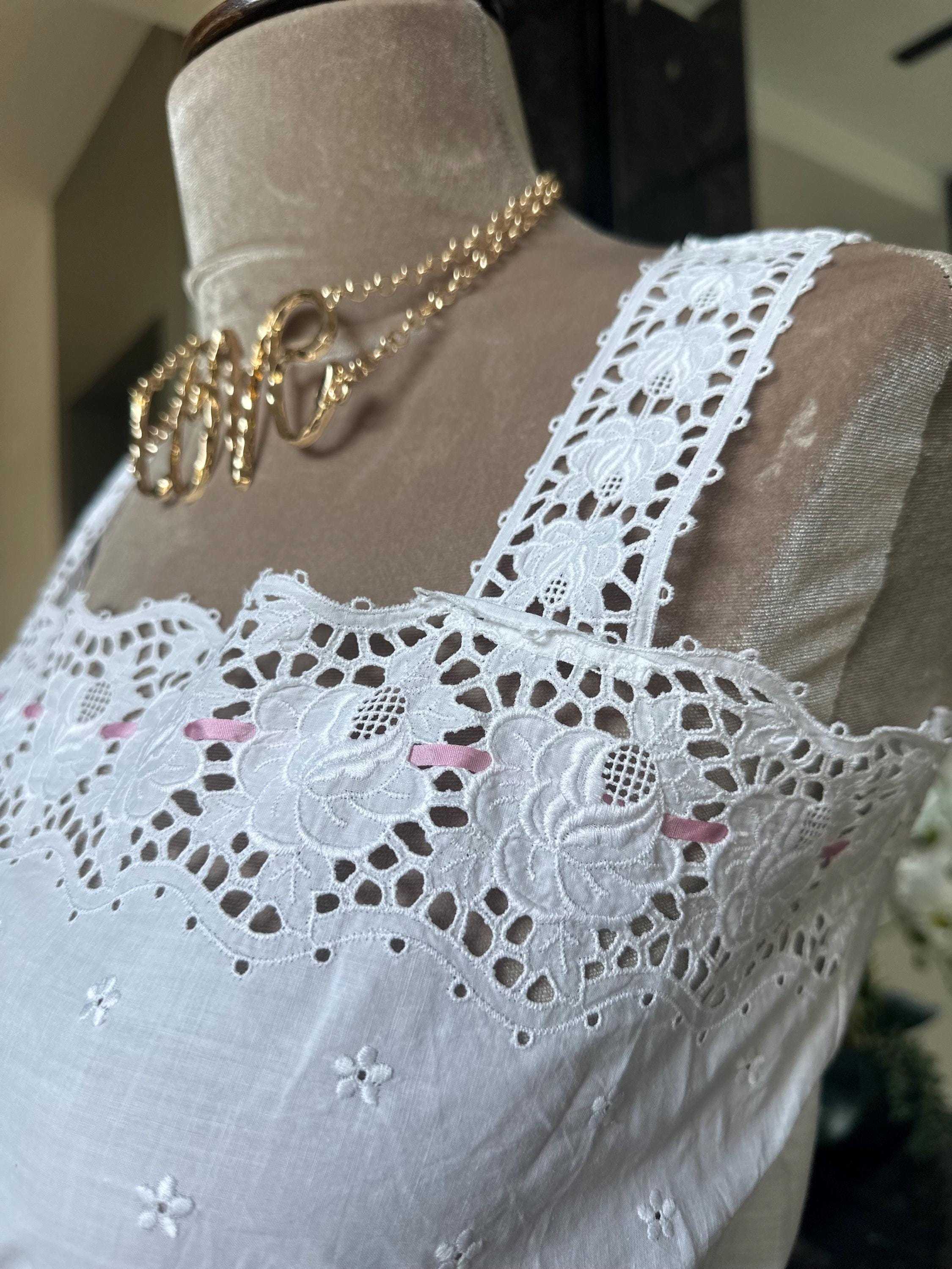 The "Petal & Lace" Archive Top – Rare 1930s Cotton Eyelet Camisole with Pink Silk Ribbon