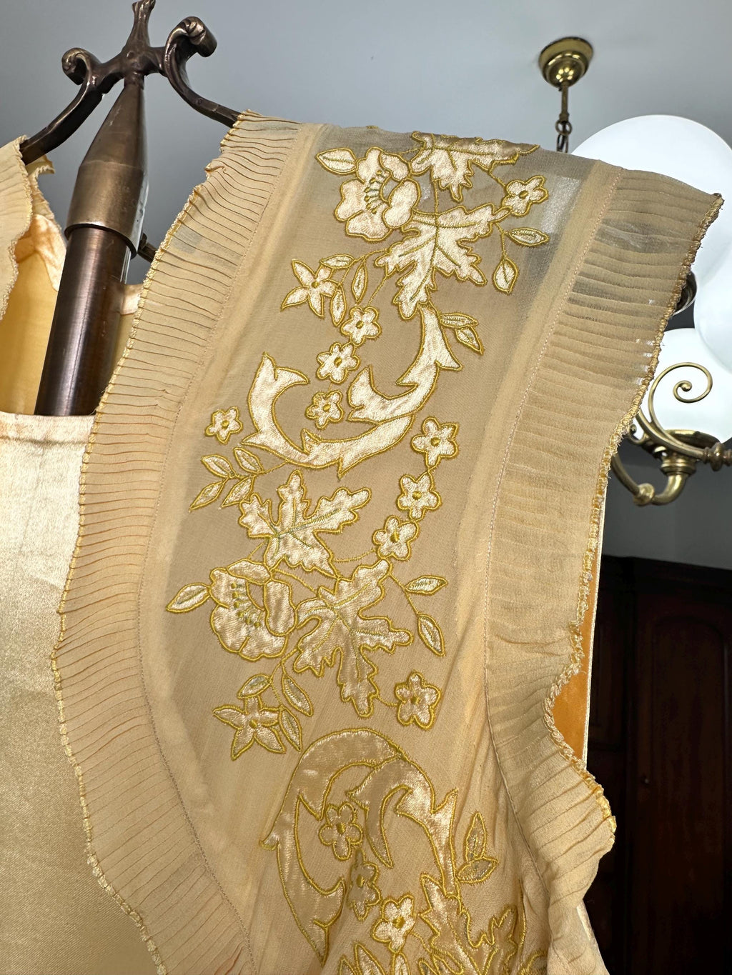 Vintage 1930s yellow Liquid Silk  Hand-Embroidered Charmeuse Bias Cut Gown slip dress
