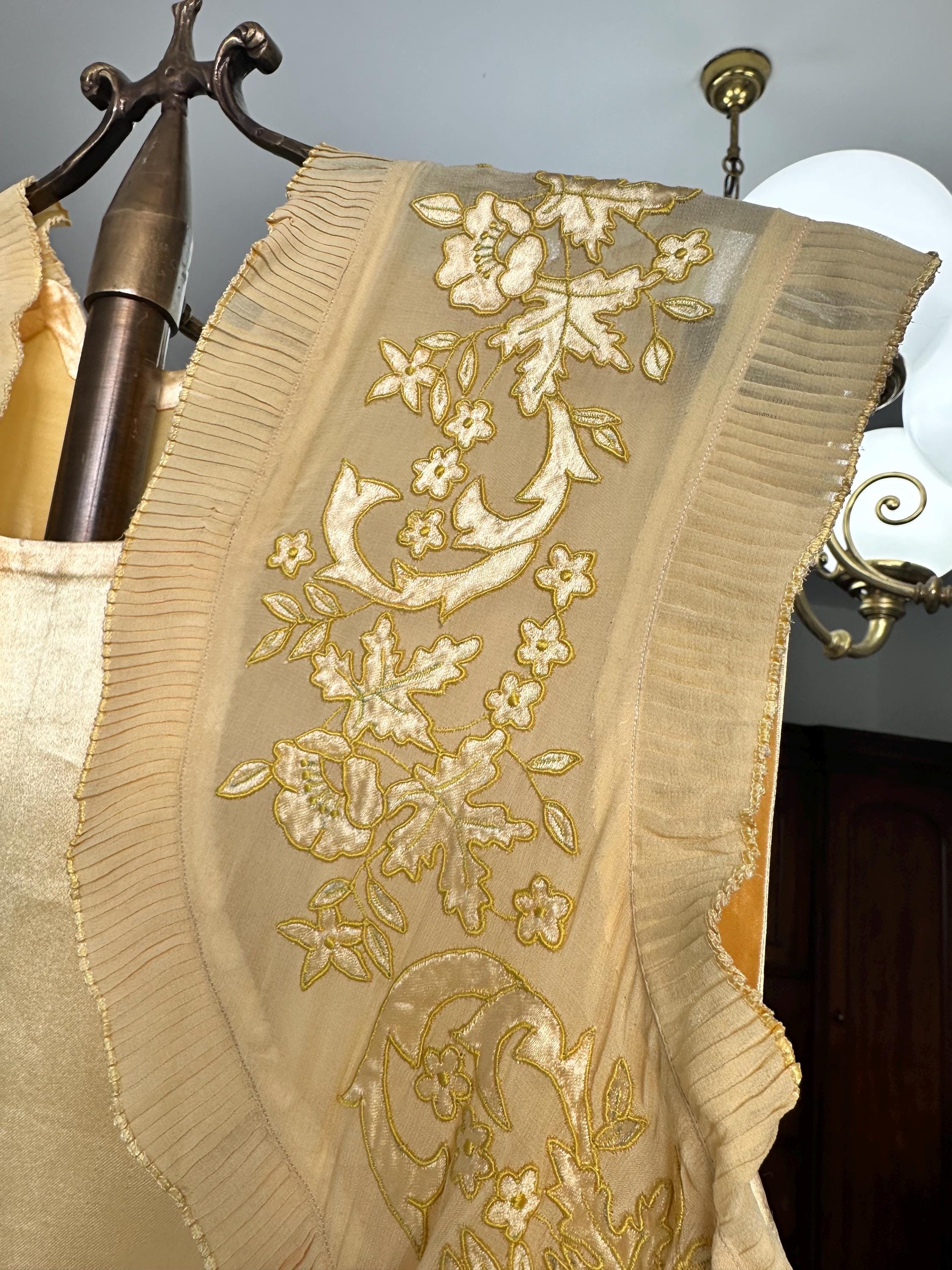 Vintage 1930s yellow Liquid Silk  Hand-Embroidered Charmeuse Bias Cut Gown slip dress