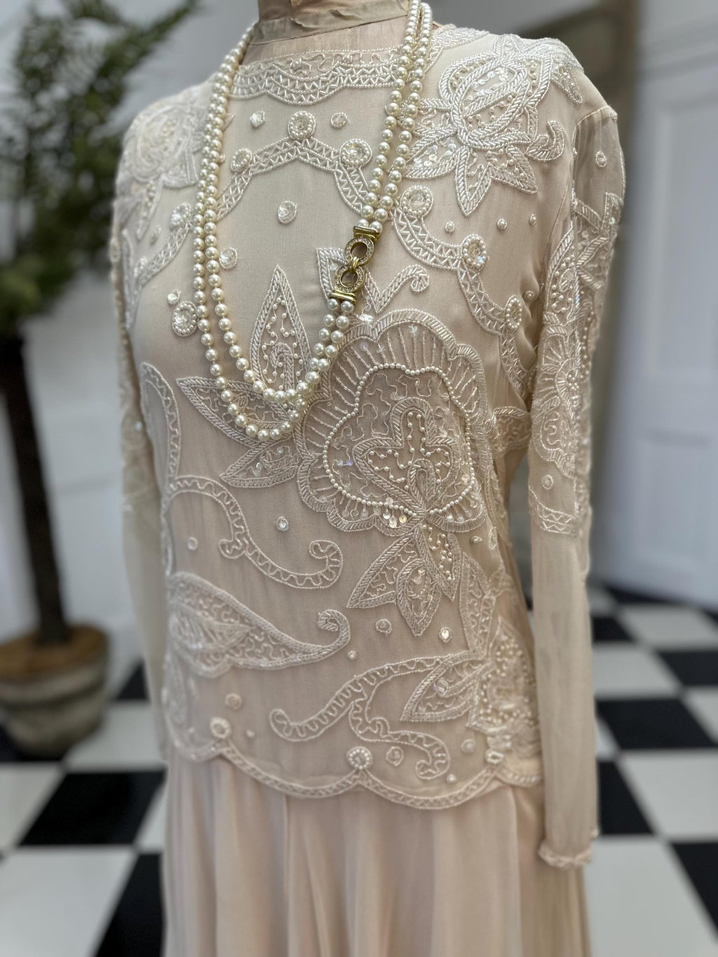 Vintage very pale pink silk party dress with beaded details