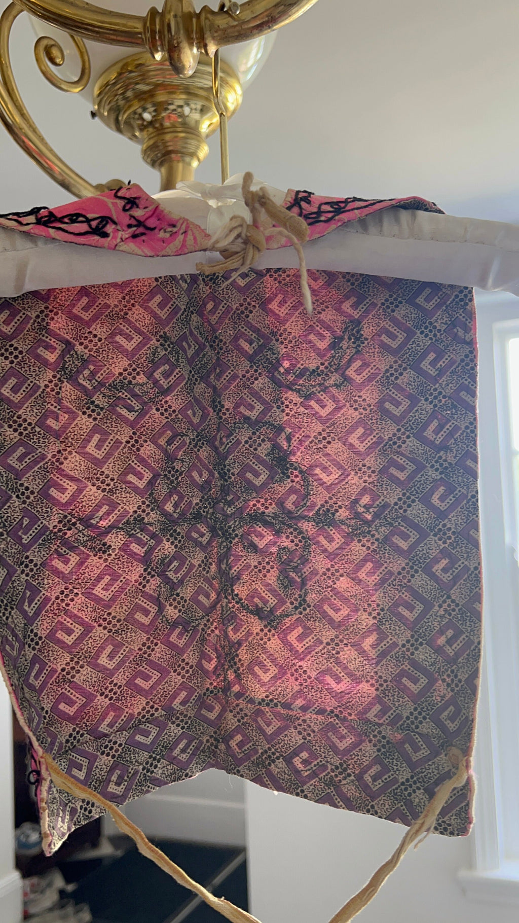 Antique Ottoman pink silk baby bib with embroidery