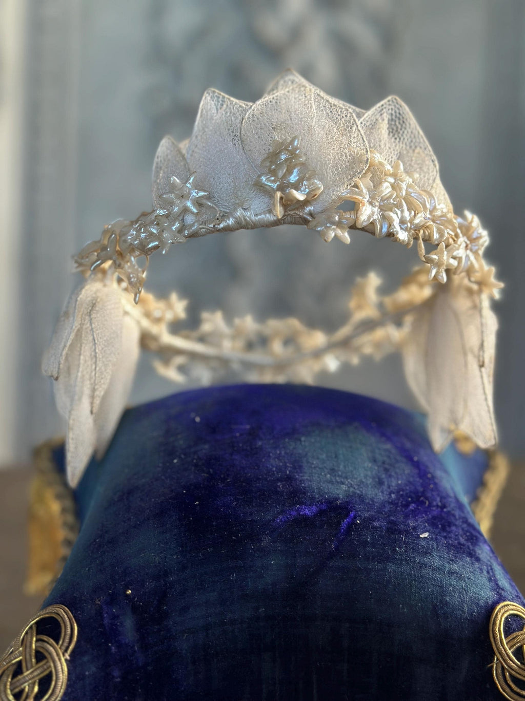 Antique 1940s  Floral Wax Tiara with tulle
