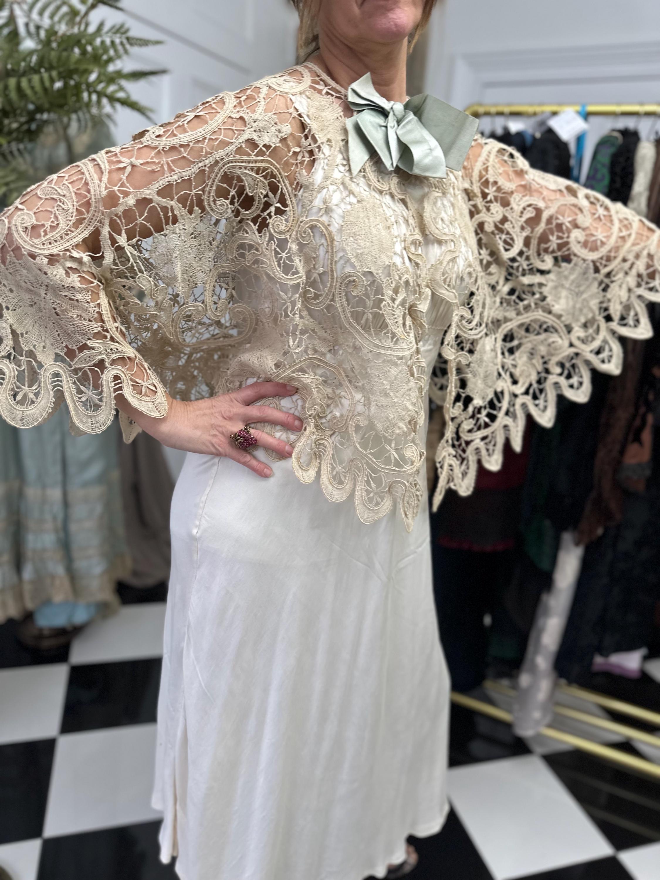 19th Century Cream Bobbin Lace Cape: Sage Green Silk Ribbon, Cotton
