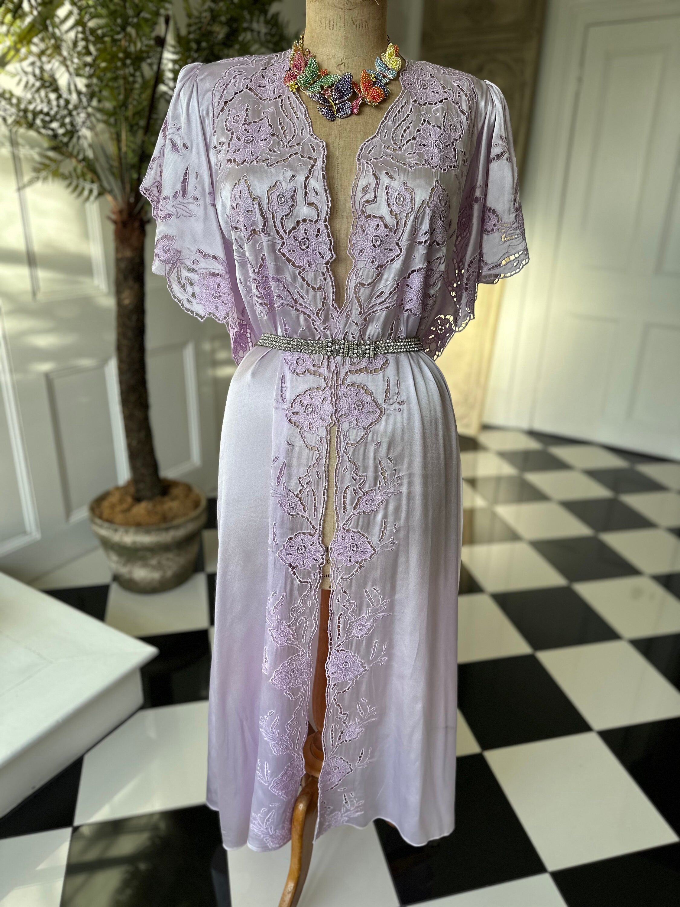 Vintage Lilac Satin Peignoir: 1980s Cutout Lace Robe
