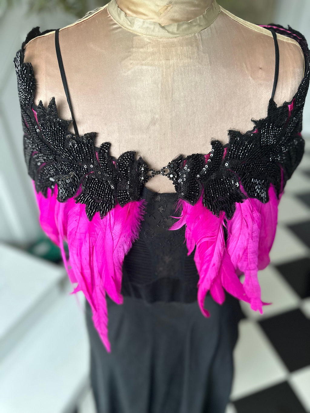 1930s vintage style hot pink cerise pink feather cape  with black embellishment