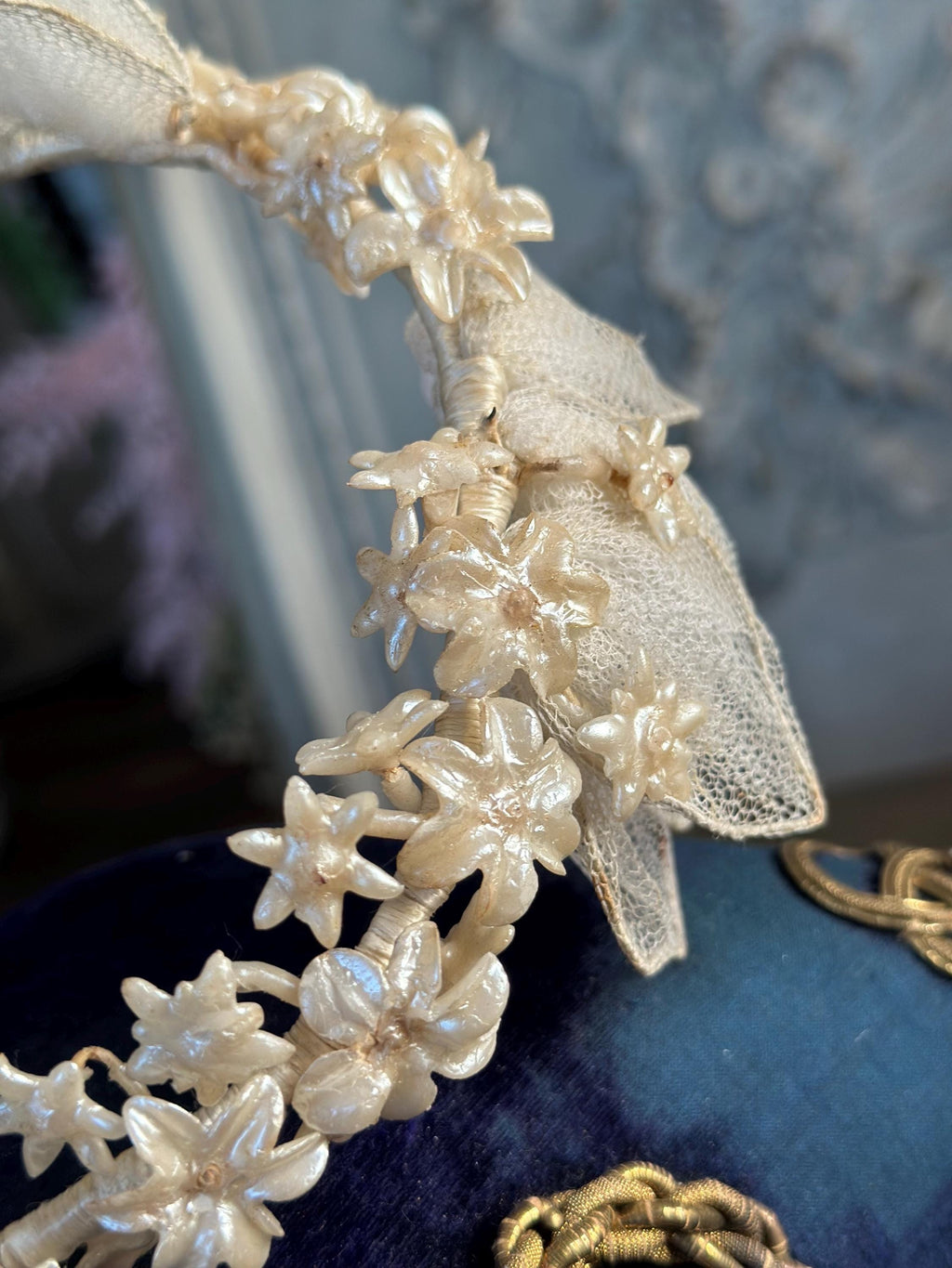 Antique 1940s  Floral Wax Tiara with tulle
